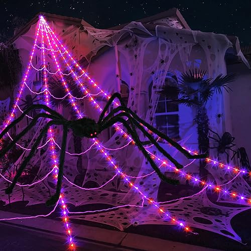 Telarañas para decoración de Halloween al aire libre, 290 luces LED de telaraña, decoración con araña grande de 78.7 pulgadas y telaraña elástica de