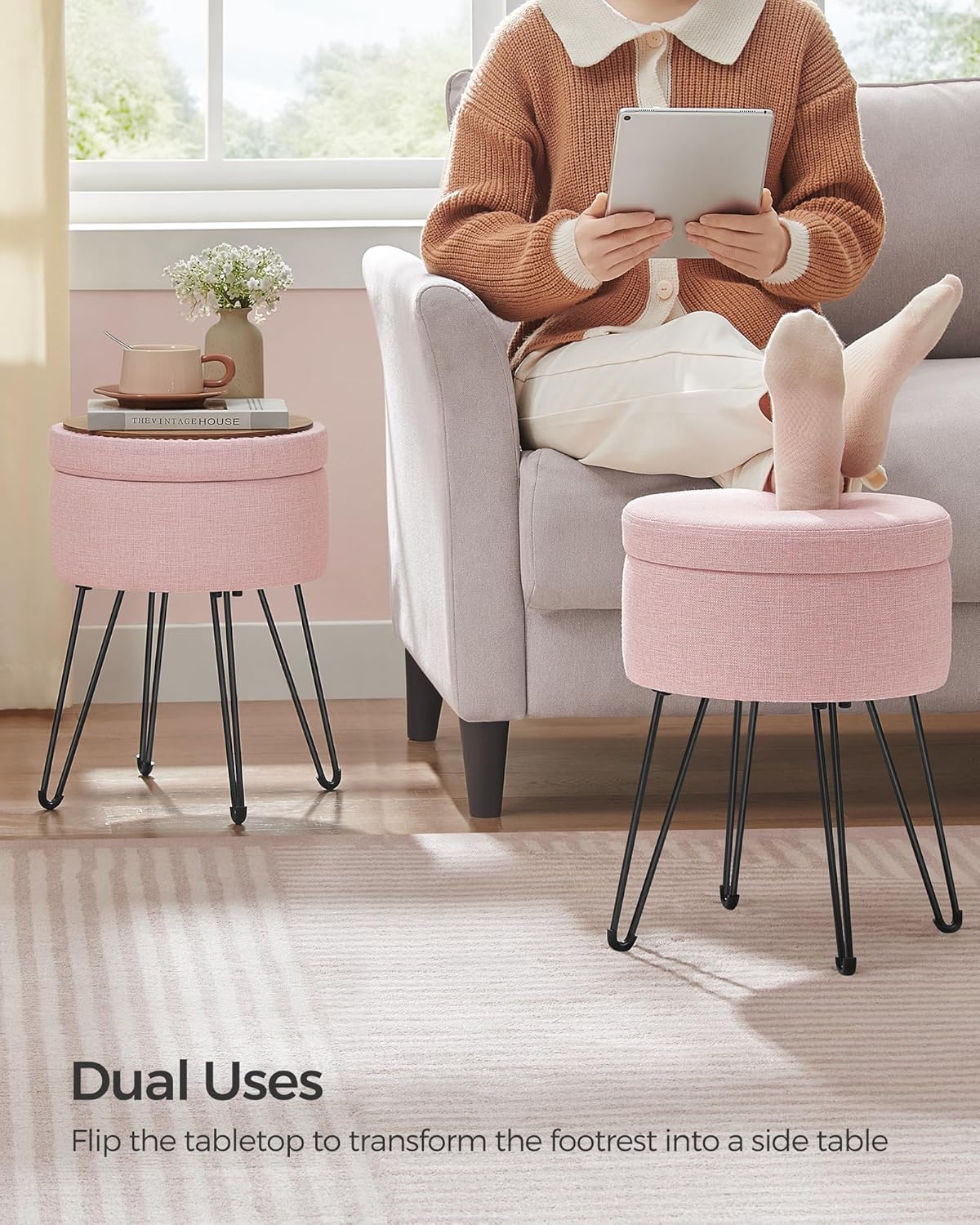 SONGMICS Vanity Stool Chair, Small Ottoman Stool with Storage, Vanity Chair, 15.4 Dia. x 17.4 Inches, 4 Metal Legs, for Makeup Room, for Living Room, Bedroom, Jelly Pink ULOM002R01 - Image 7