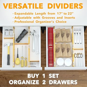 SpaceAid Bamboo Drawer Dividers with Inserts and Labels, Kitchen Adjustable Drawer Organizers, Expandable Organization for Home, Office, Dressers, 4 Dividers with 9 Inserts (17-22 Natural)