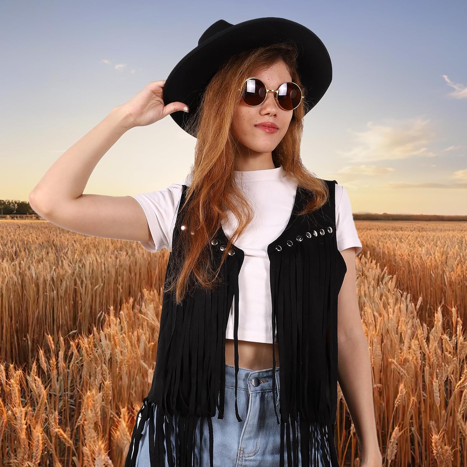 Women Fringe Vest 70s Hippie Costume Faux Suede Rivets Tassel Sleeveless Cowgirl Western Costume Jacket Outerwear - Image 5