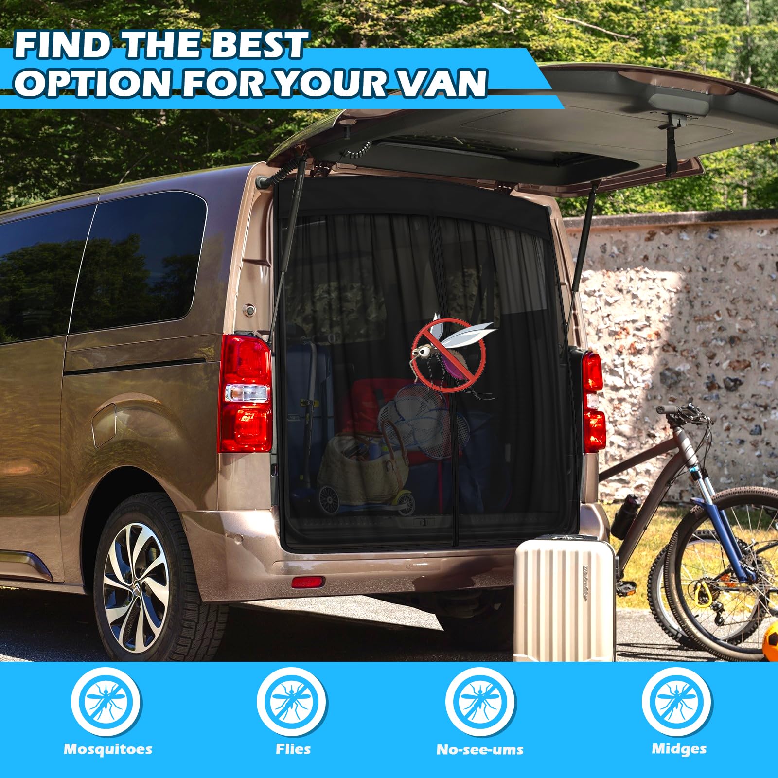 Roadtime Mosquitera magnética para Opel/Vauxhall Vivaro 19-25 portón Trasero,Red de Protección contra Insectos de una Sola Capa,Ventilación,Red de Sombra para Camping(H 160 * 190cm W)