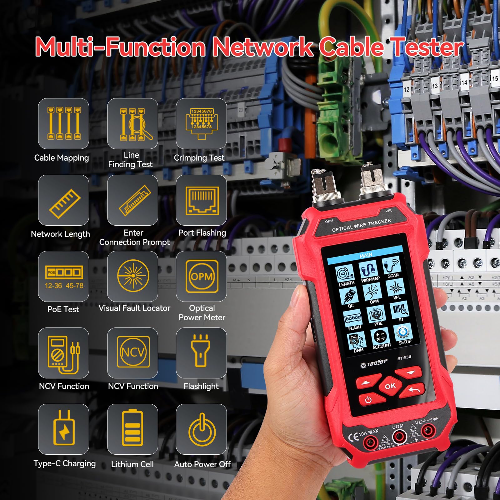 Tester per cavi di rete con funzione multimetro – RJ45/RJ11/BNC, misurazione lunghezza, rilevamento guasti, PING, PoE, tracciamento tono, display LCD multifunzione