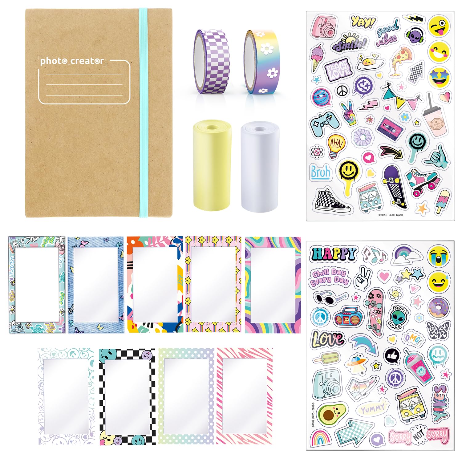 Canal Toys - Caja de álbum para cámara de impresión instantánea compatible con creador, 2 rollos de papel, 2 tablas de pegatinas y 20 marcos de fotos adhesivos 007-Canal Toys, CLK 007, multicolor