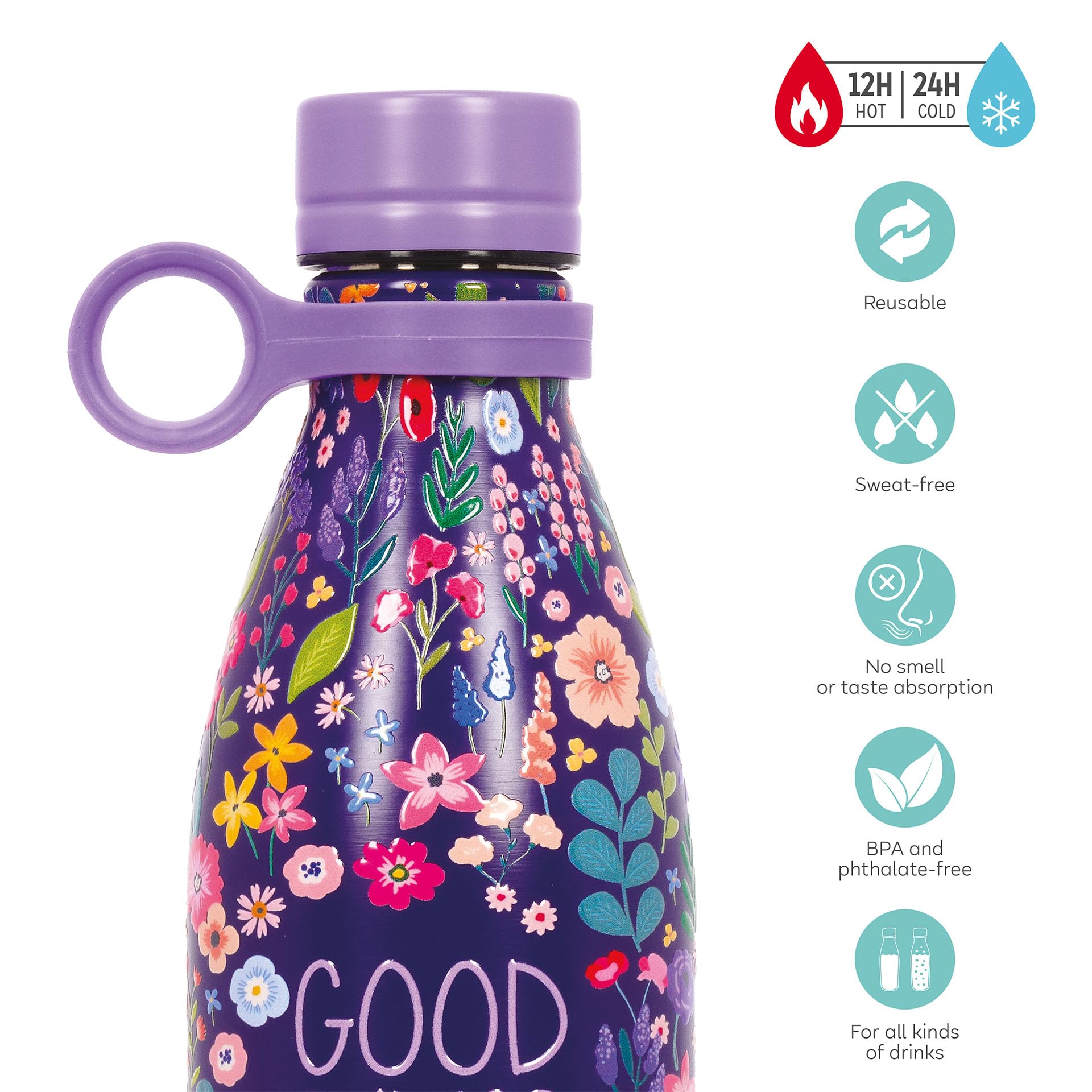 Legami - Bottiglia Termica Hot&Cold, Flowers, 800 ml, Chiusura ermetica, 12 Ore Bevande calde 24 Ore fredde, Manico in Silicone rimovibile, in Acciaio inox, senza BPA