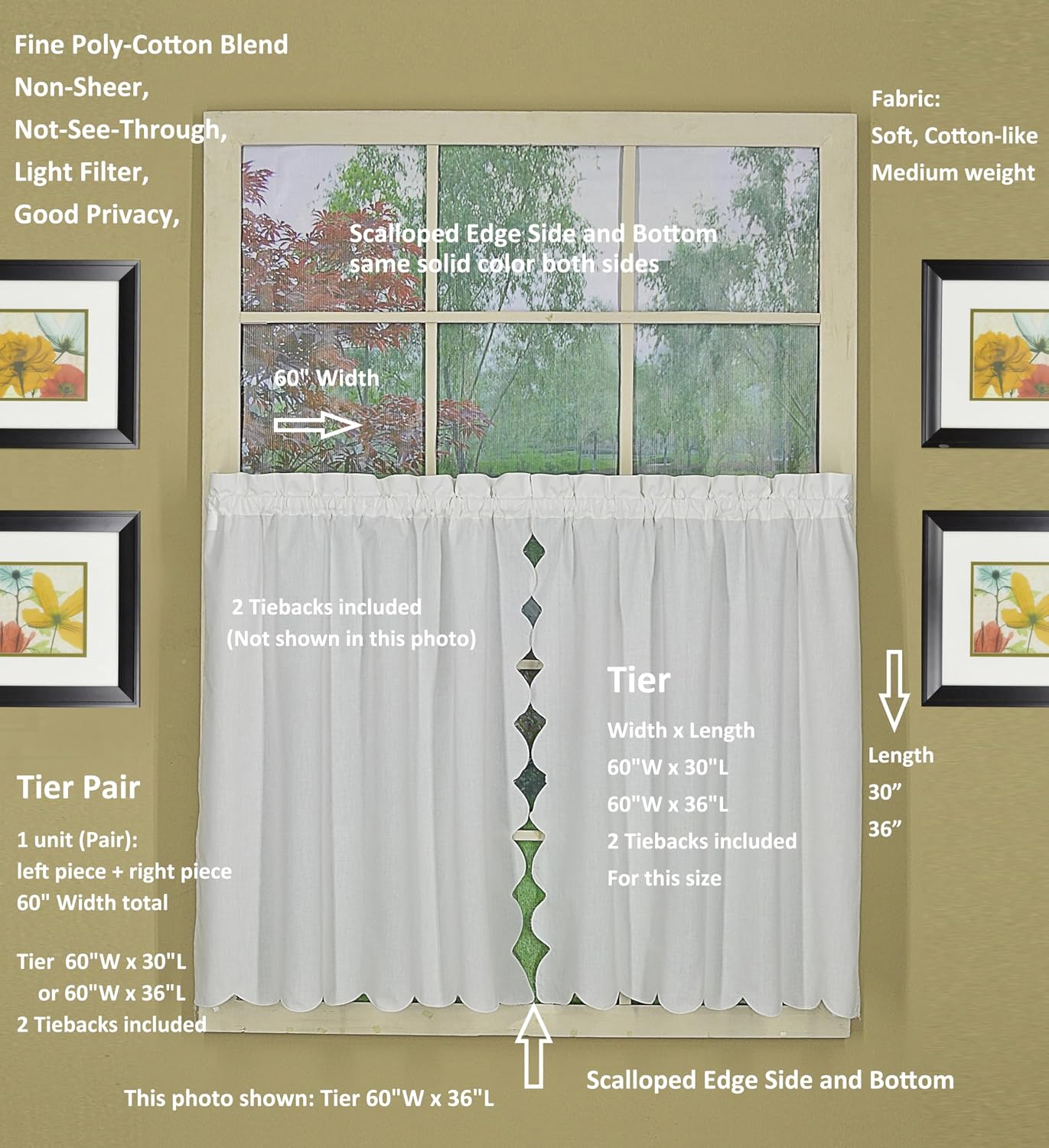 Today's Curtain, Orleans Scallop Curtain, White 36" Tier Pair and Tieback, 60" W x 36" L, White