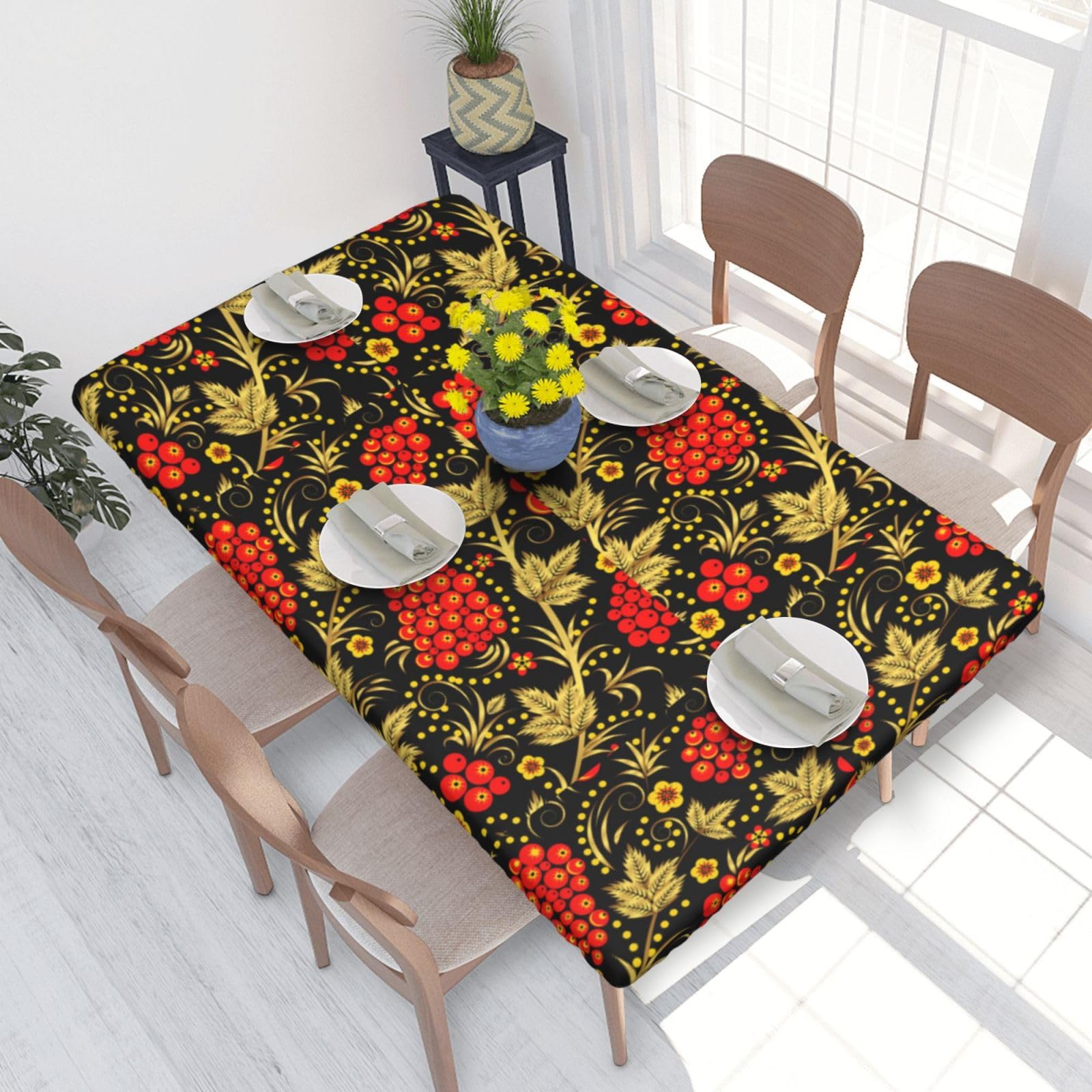 BeNtli Tablecloth,Waterproof Fitted Table Cloth Elastic Edged Table Cover 4FT for Kitchen,Traditional Russian Khokhloma Cranberry