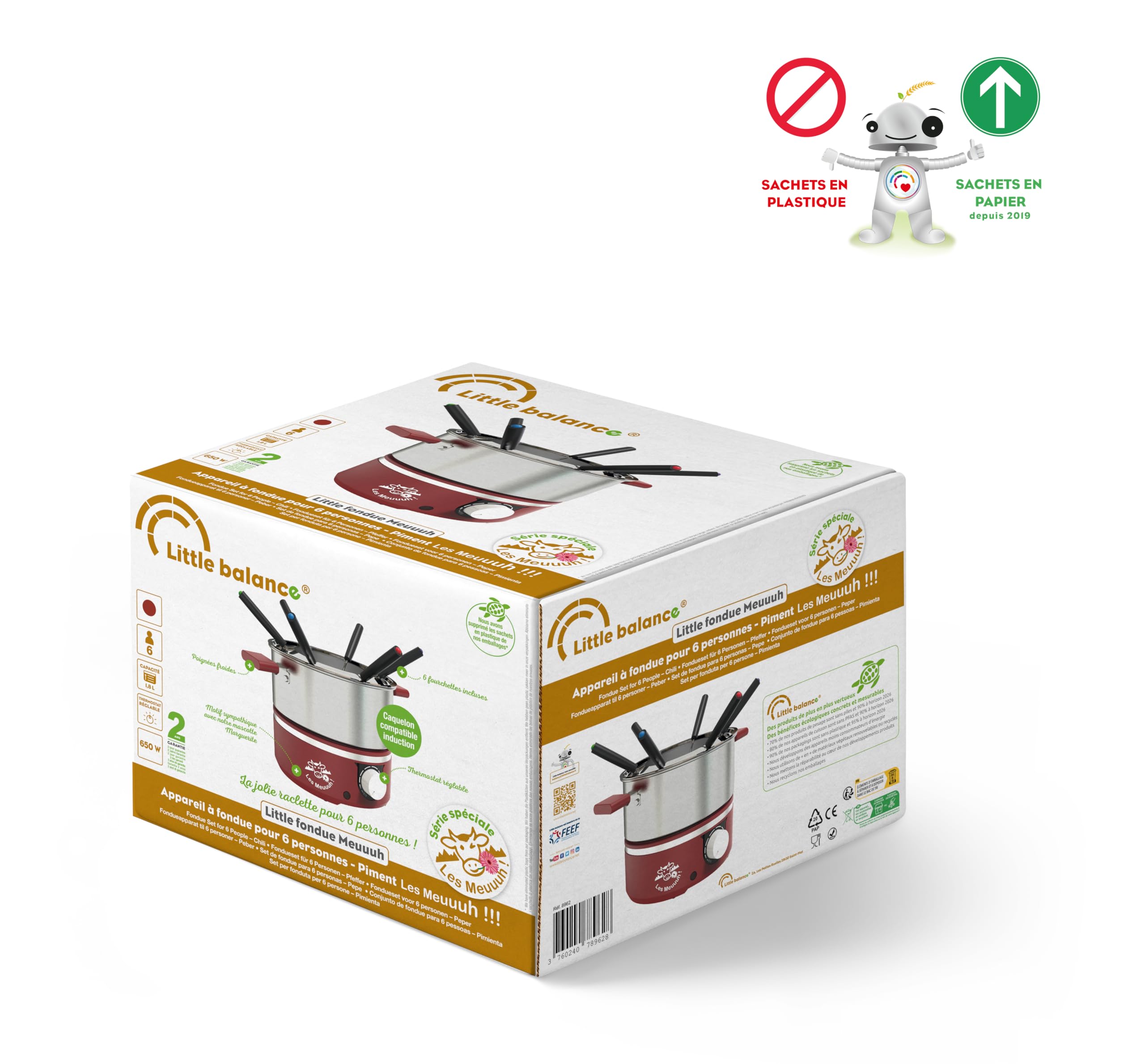 LITTLE BALANCE 8962 Little Fondue Meuuuh...!, dispositivo de fondue para 6 personas, sartén de acero inoxidable, apto para inducción, 1,8 litros, 650 W, chile
