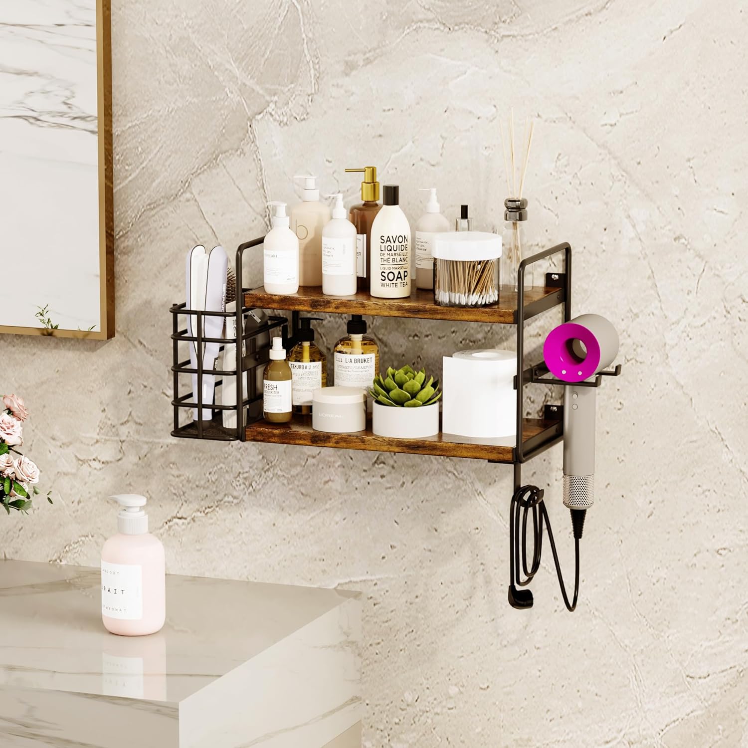 3-in-1 Wall Mounted Hair Dryer Holder with 2 Tier Shelves & Detachable Basket, Space Saving Organizer for Bathroom, Kitchen, Bedroom, Rust-Resistant, Easy Install (White)
