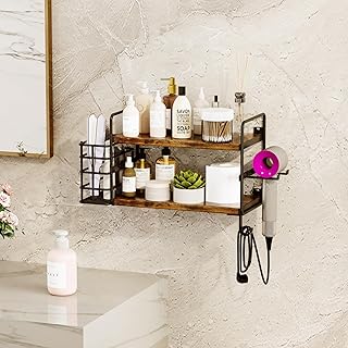 3-in-1 Wall Mounted Hair Dryer Holder with 2 Tier Shelves & Detachable B...