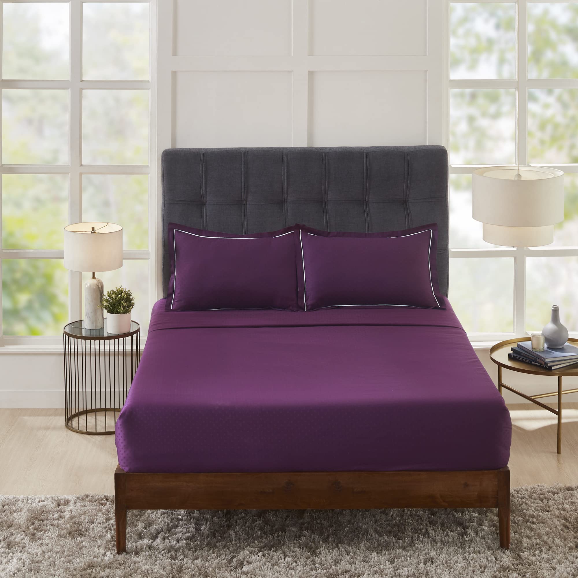 Trident Indulgence King Size Solid Bedsheet Set-100% Cotton- 3-Piece Set Bedding Sheet Set with 2 Pillowcases- Softness - 300 Thread Count- Luxurious Feel (Imperial Purple)