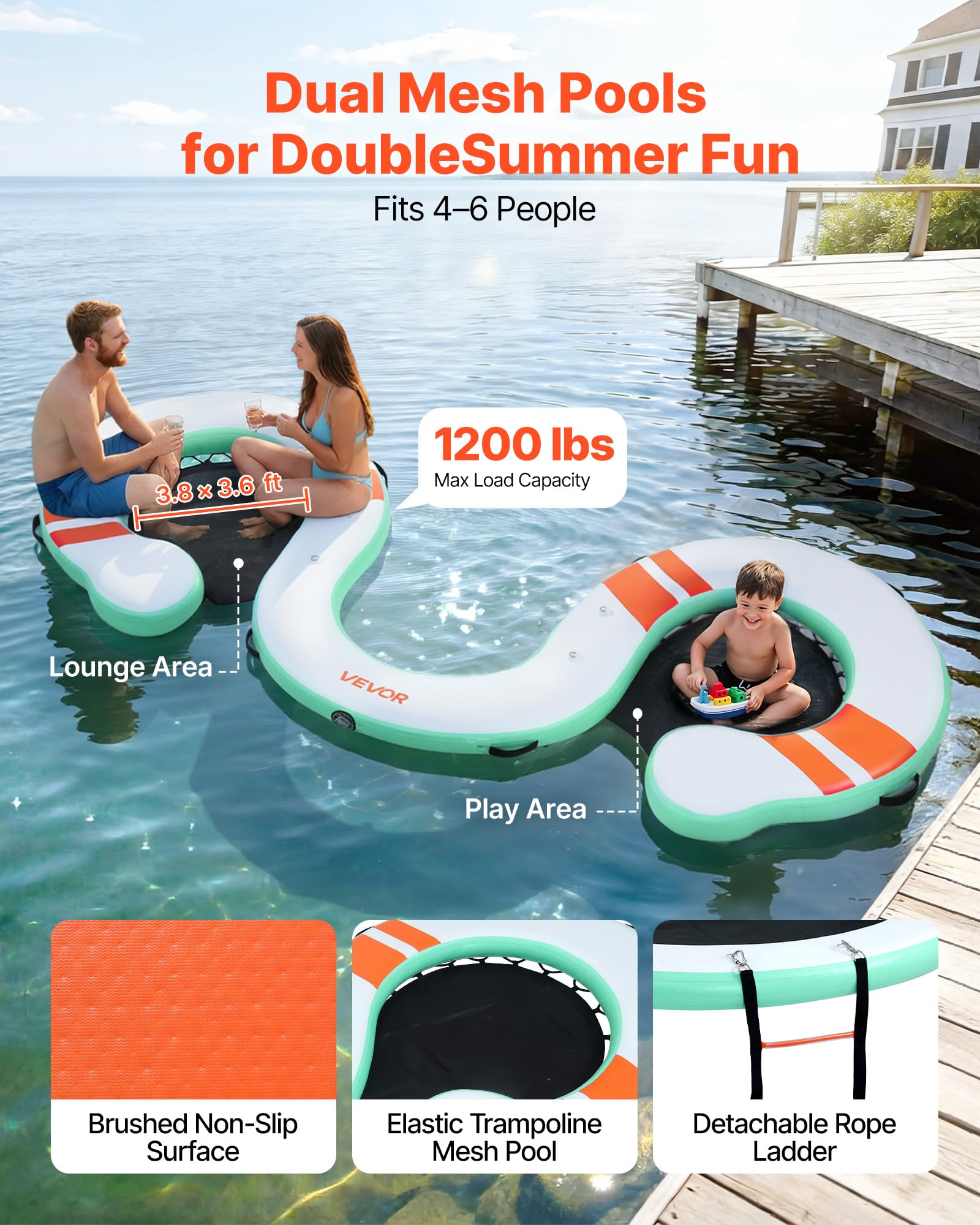 VEVOR Pontile Galleggiante Gonfiabile 4,57 x 1,83 m da Mare Piscina, Piattaforma Galleggiante Superficie Antiscivolo con Scaletta Staccabile Borsa da Trasporto, Isola d'Acqua per Piscina Spiaggia Mare
