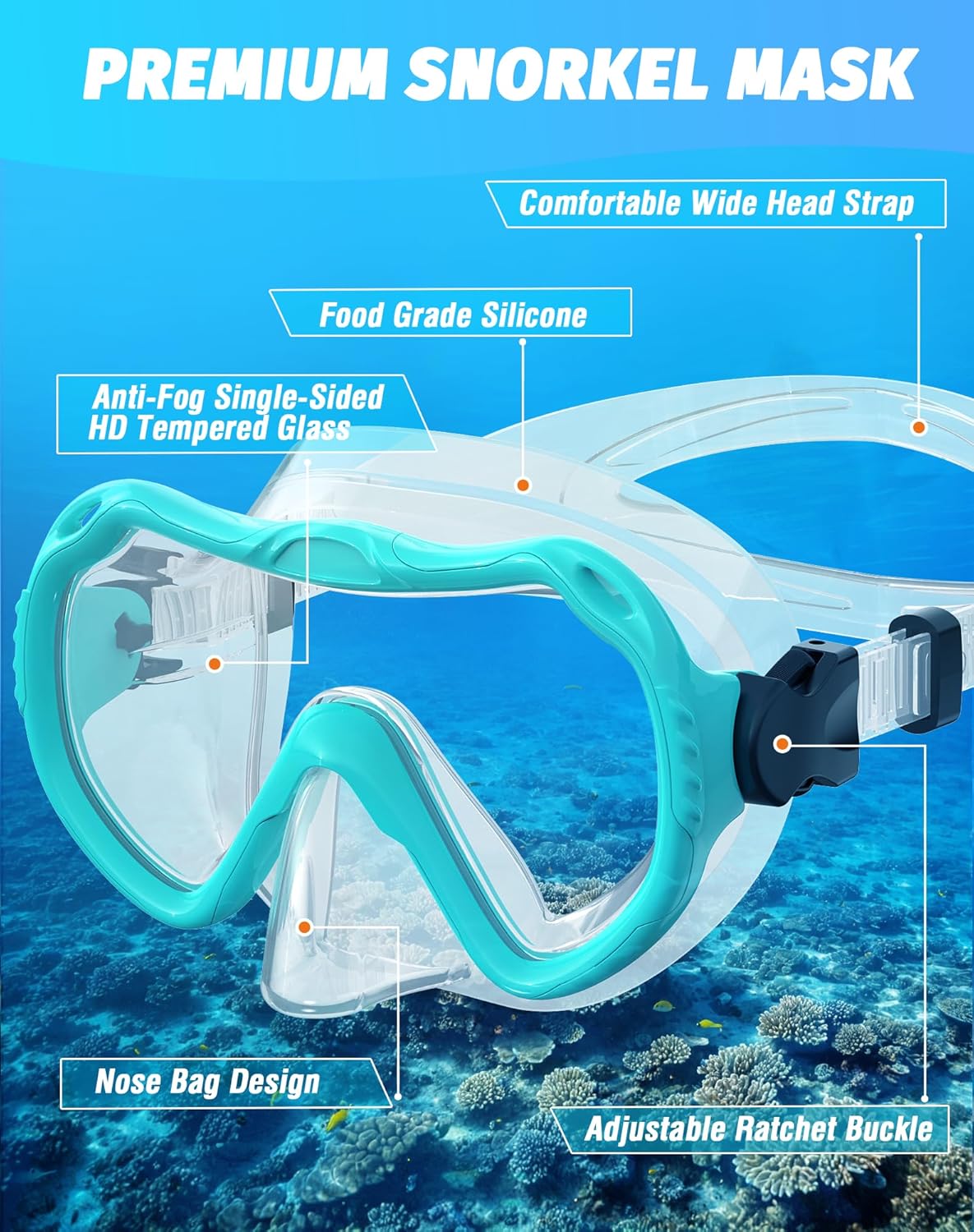 Snorkeling Gear for Adults, Snorkel Mask Set 180° Panoramic View Snorkel Gear, 100% Food-Grade Silicone Anti-Fog Anti-Leak Dry Top Diving Mask for Snorkeling Swimming Scuba Diving - Image 2