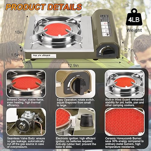 Miniatura 3 de Estufa de campamento de combustible doble, estufa de gas portátil de butano y propano infrarrojos de 8000 BTU, quemador individual resistente al