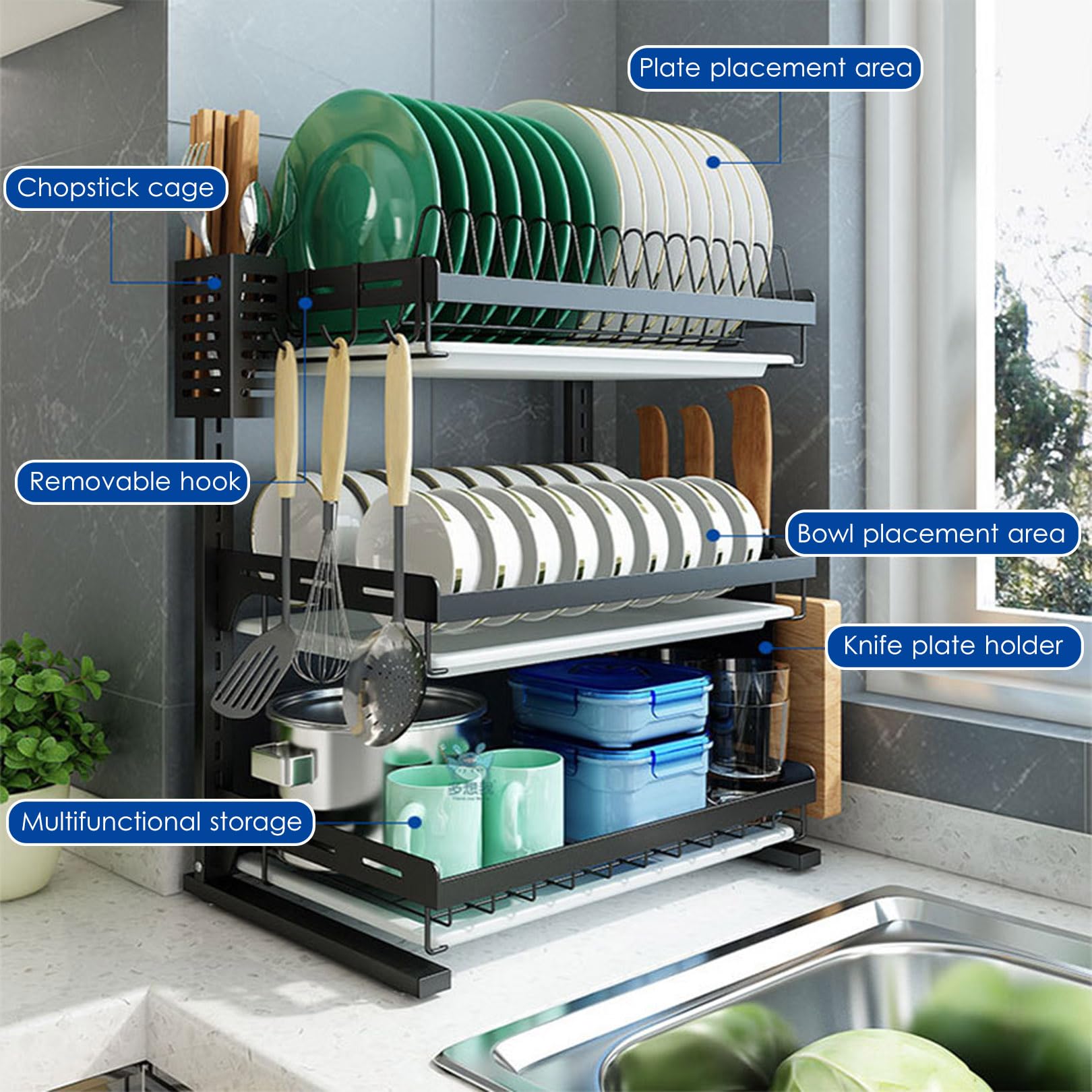 Support Mural Suspendu pour Cuisine, égouttoir à Vaisselle, étagère de Rangement pour Assiettes à 2/3 Niveaux avec bac de Drainage, Porte-Couteaux et Cage à Couverts (3 Niveaux)