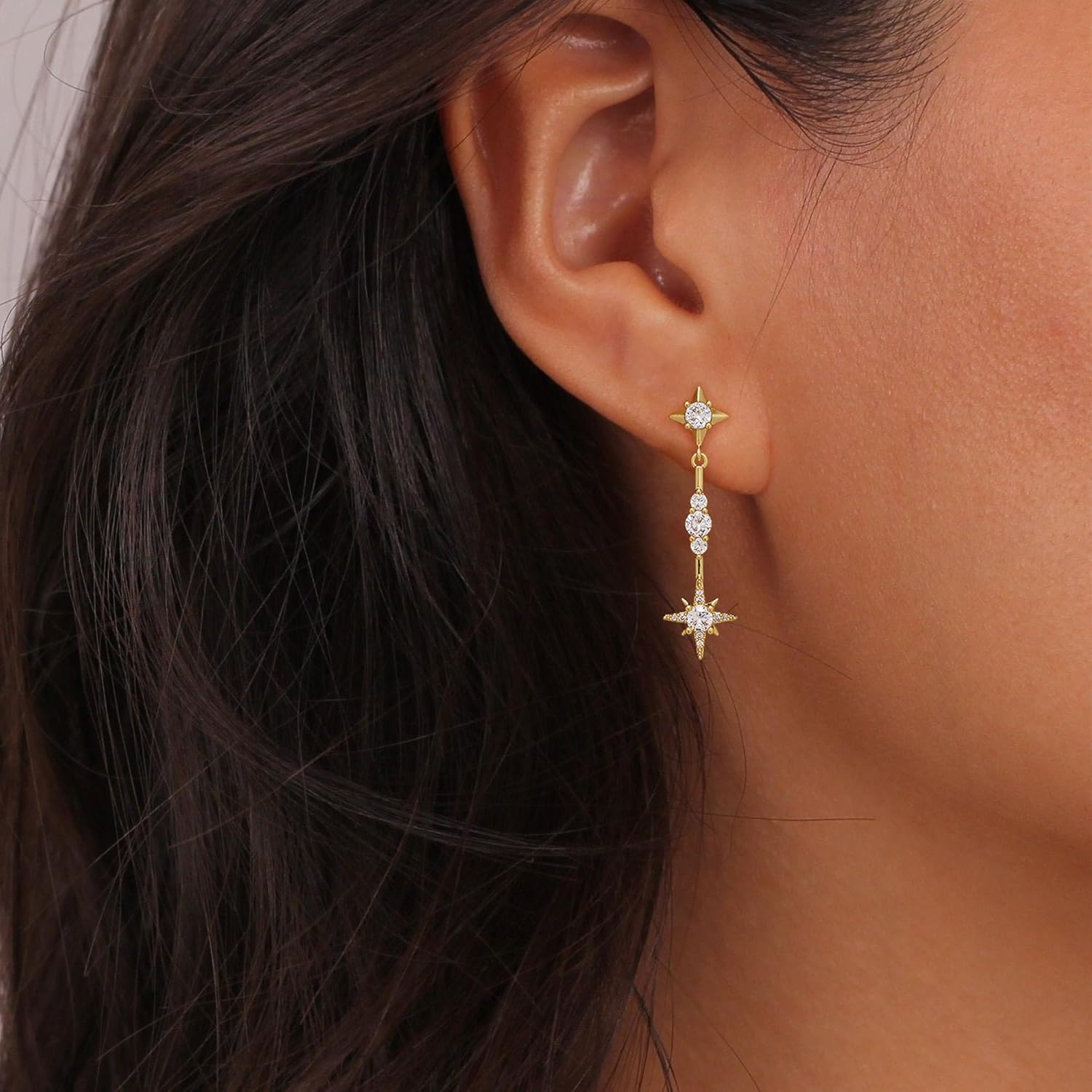Dangle Earrings For Women,Trendy Star Drop Earring 14K Gold Plated Hypoallergenic Prom Star Dangle Earrings Dainty Long Chain Earring Fashion Womens Gold Jewelry - Image 2