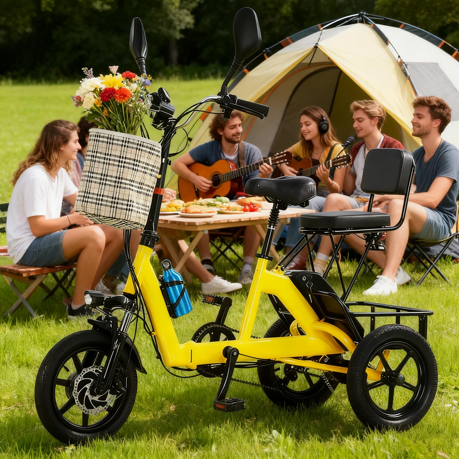 Triciclo Elettrico Pieghevole per Adulti a 3 Ruote, Bici Elettrica con Presa di Ricarica e Supporto Phone – Batteria 48V 10.4Ah, 11–20 km/h, Ruote 14", Portata 180KG,Ideale per Città e Spesa Yellow