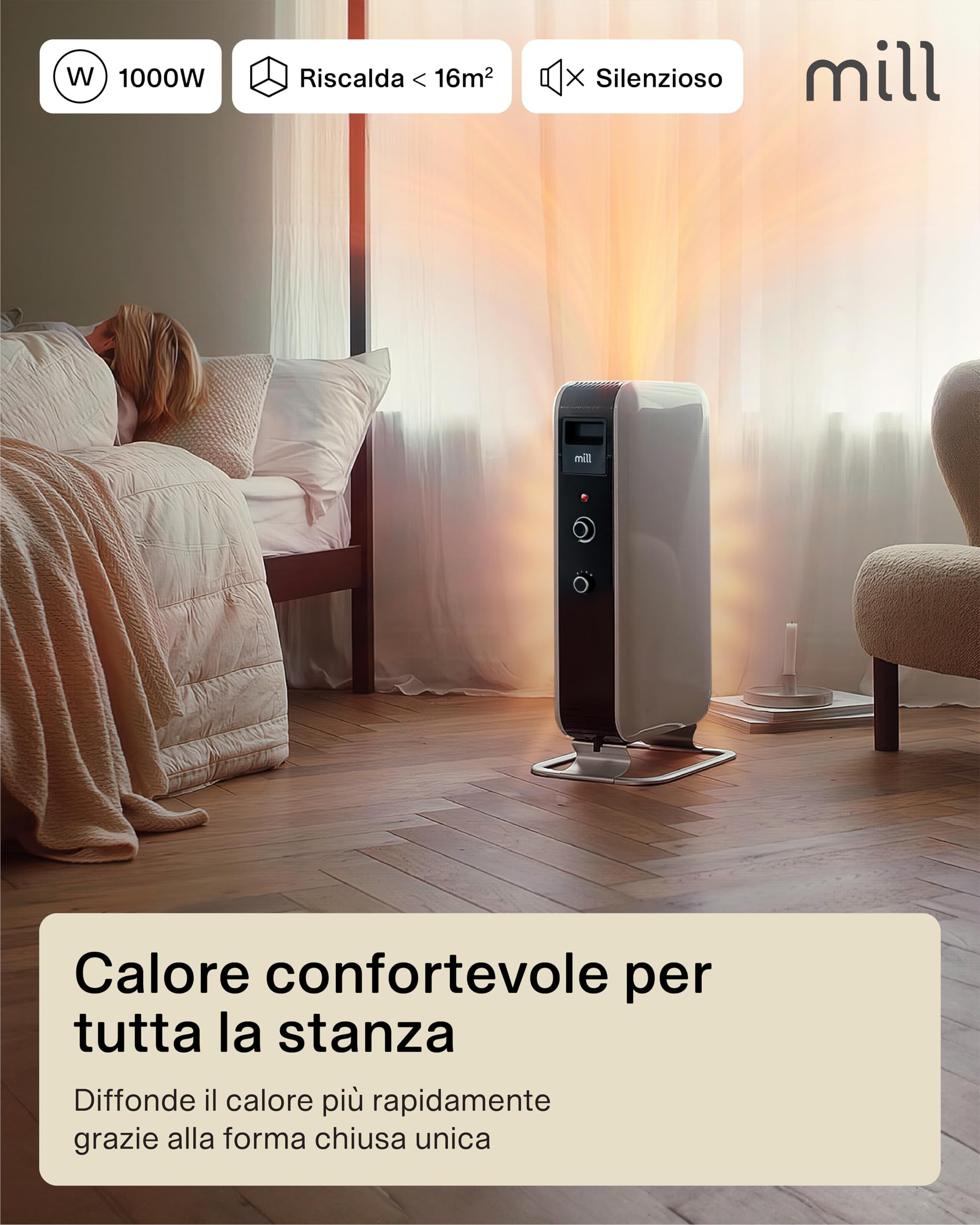 Mill radiatore al olio Norvegese Mill Gentle AIR AB-H1000MEC, 1000W, riscalda ambienti fino a 21mq. (Bianco, 12-16 m² - MEC)