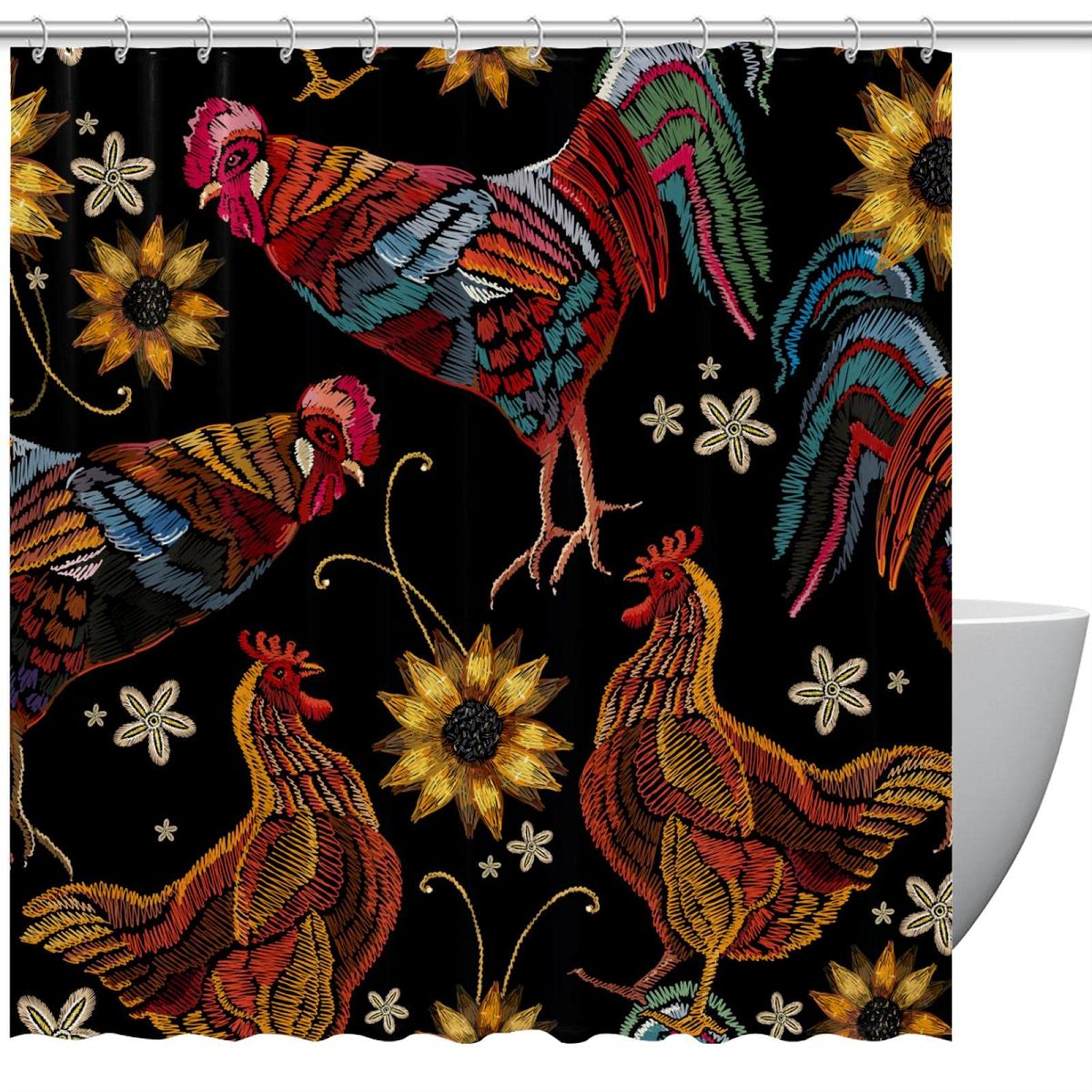 Rideau de douche coq fleurs vintage pour salle de bain familiale et grande baignoire