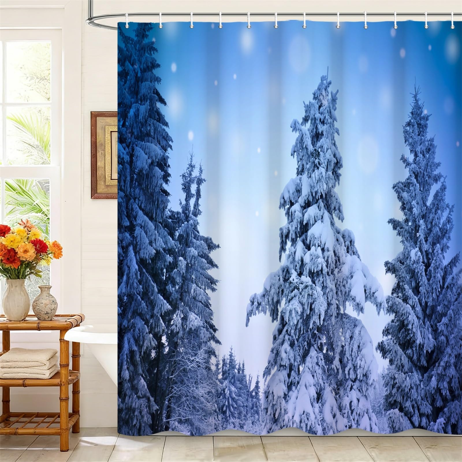 Kzzfqxb 90x183cm Shower Curtains with Plastic Hooks, Christmas New Year Snow Covered Pine Trees Tower into the Blue Sky Waterproof Polyester Fabric for Bathtub, Winter Decoration for Bathroom