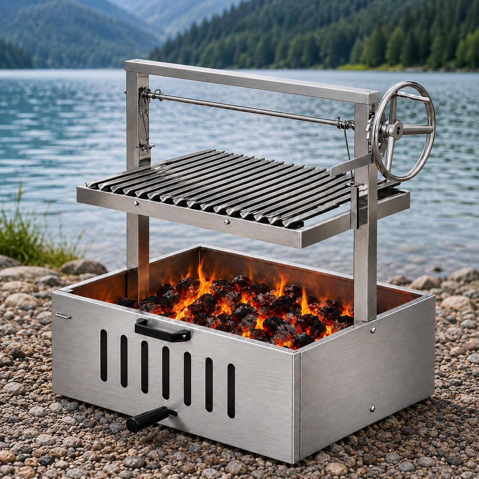Santa Maria Grill - Stile Argentino - Griglia a V con Manovella | Griglia a V con manovella, regola la distanza dalla brace se il cibo rosola troppo, adatta a carne e cottura a carbonella