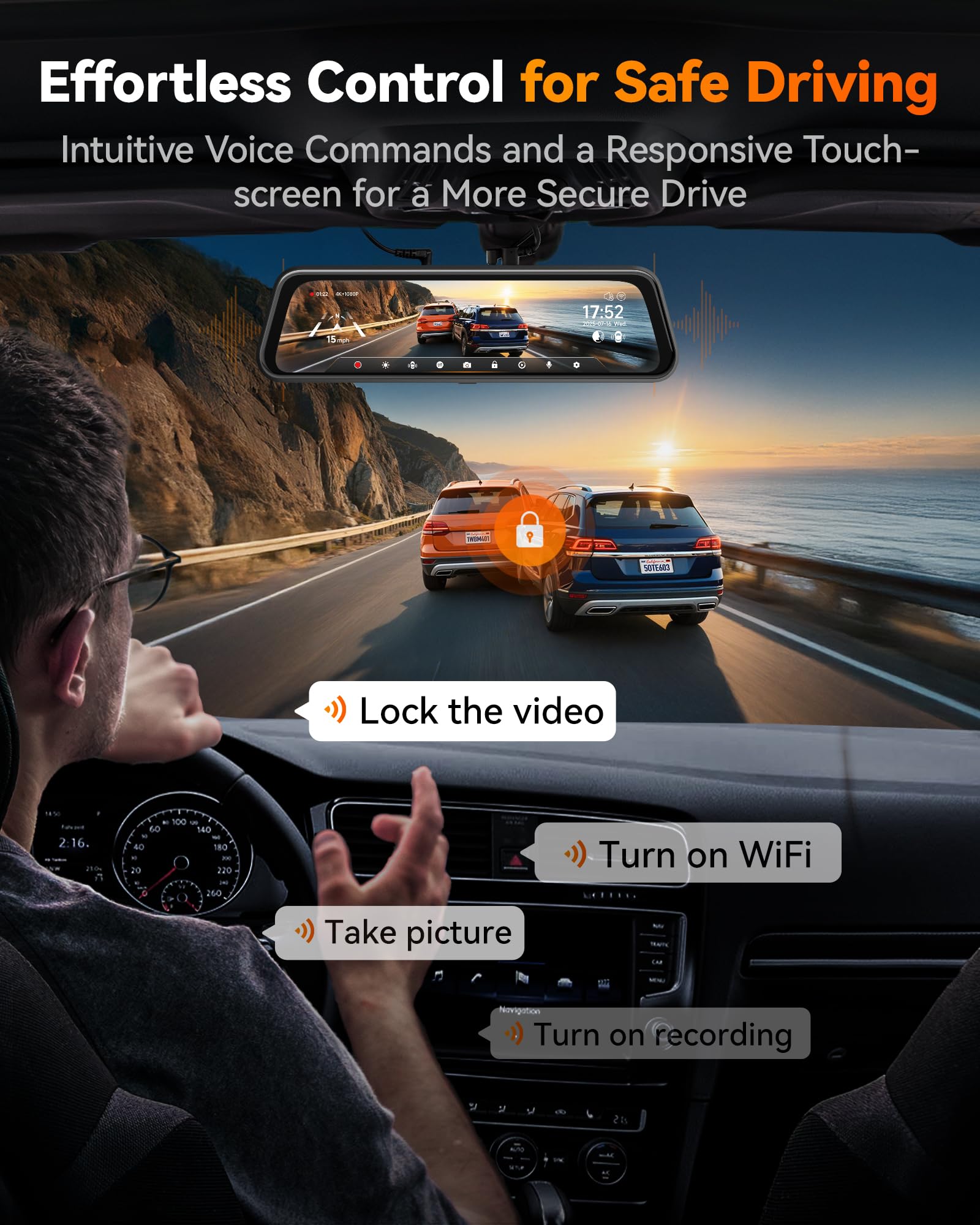 WOLFBOX M40 10" Specchio Telecamera Posteriore, Dashcam 4K+1080P Auto Anteriore Posteriore, Specchio Dashcam con ADAS/BSD, Comando Vocale, Incluso Scheda da 64GB, Wi-Fi & GPS