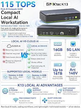 GMKtec AI Mini PC Gaming Desktop Computer Intel Core Ultra 7 256V (8C/8T Turbo 4.8 GHz) (Beats i9-13900HK/ R7 8745HS), NPU/GPU: 115 Tops, Intel ARC 140V, 16GB LPDDR5X, 1TB SSD, 5GbE LAN, Dual USB4
