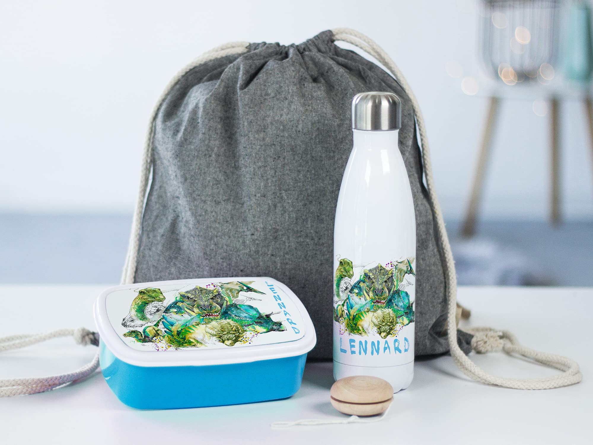 GRAZDesign Dinosaurier Geschenk Junge Einschulung, Sportbeutel, Brotdose mit Trinkflasche personalisiert mit Namen, zum Schulanfang, Edelstahl 500ml