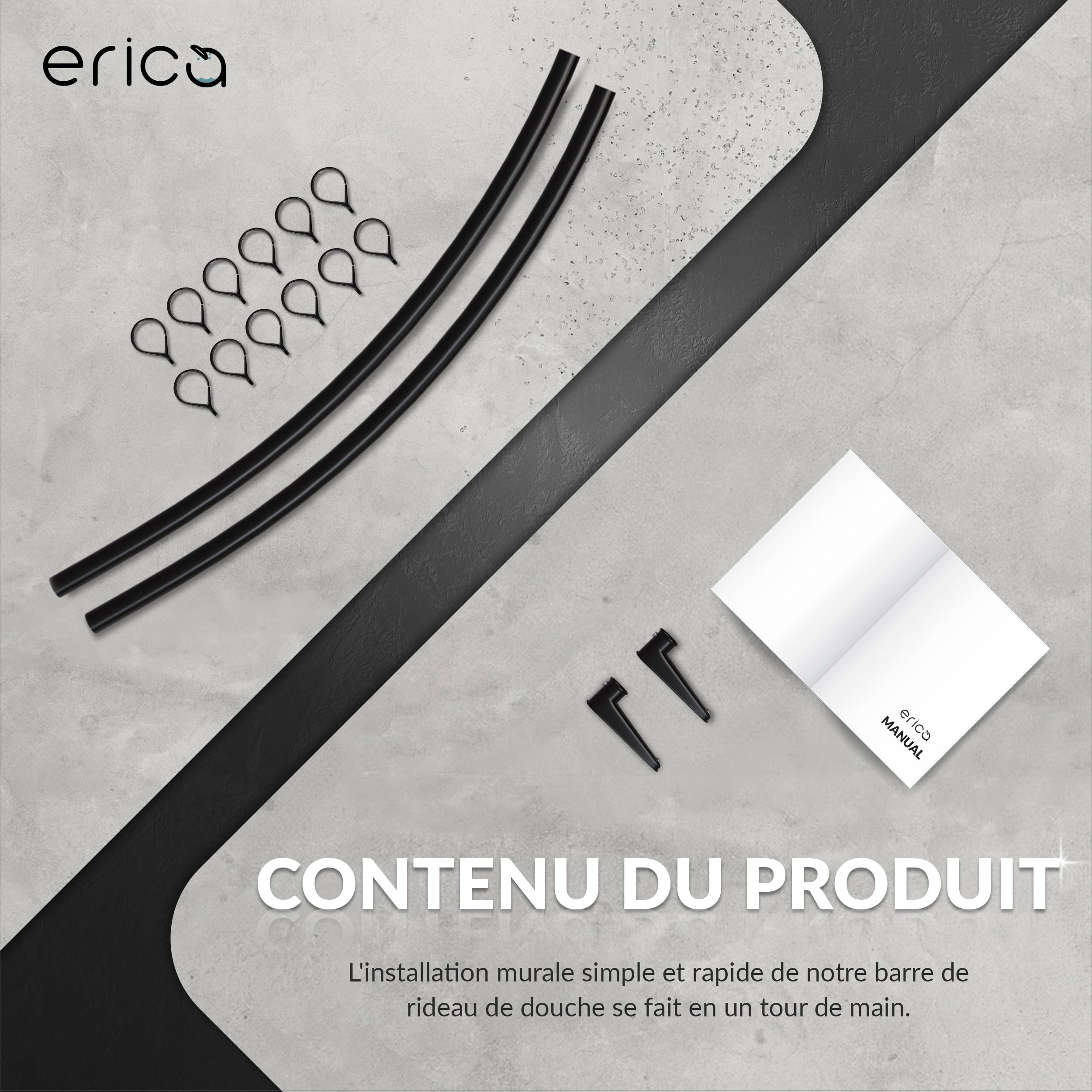 Erica Barre de Rideau de Douche D'angle 140x140cm, 100% Antirouille – Gris | 140x140 cm, Fixation Murale - sans Fixation au Plafond, Barre de Douche Incurvée, Acier Thermolaqué Gris, 100% Antirouille
