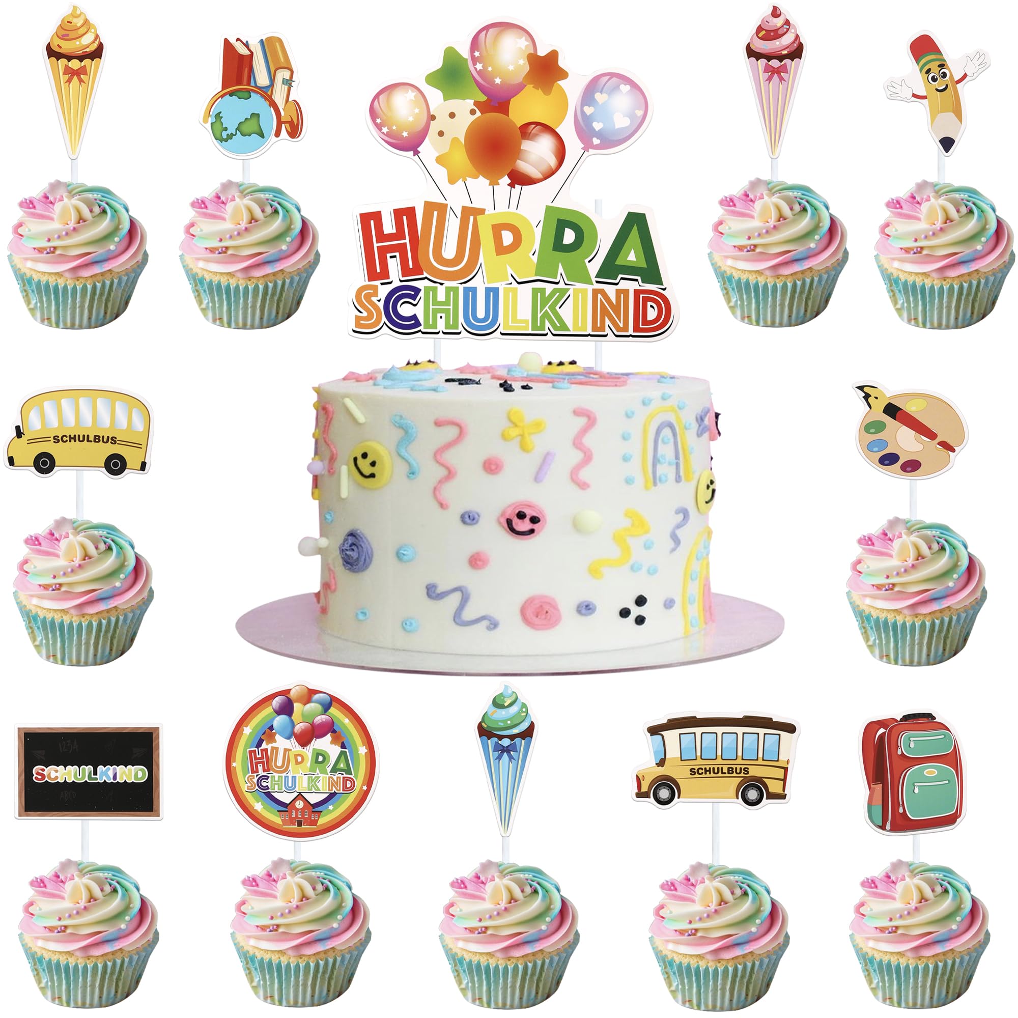 23 Stück Hurra Schulkind Tortendeko Zuckertüte Ballon Kuchen Deko Globus Cake Toppers für unge Mädchen Einschulung Thema Party Kuchen Dekorationen Buntes