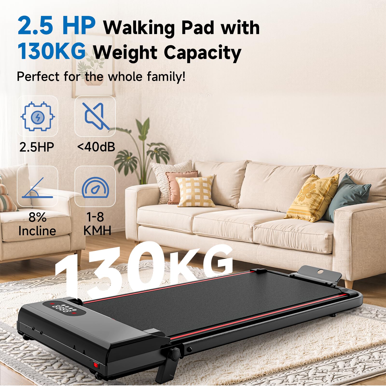 Homefitnesscode Składana Bieżnia Domowa z Nachyleniem, 3 w 1 Elektryczny Walking Pad, 1–8 km/h, Kompaktowa i poręczna Bieżnia pod biurkiem z Wyświetlaczem LED i Pilotem, Nośność 130 kg