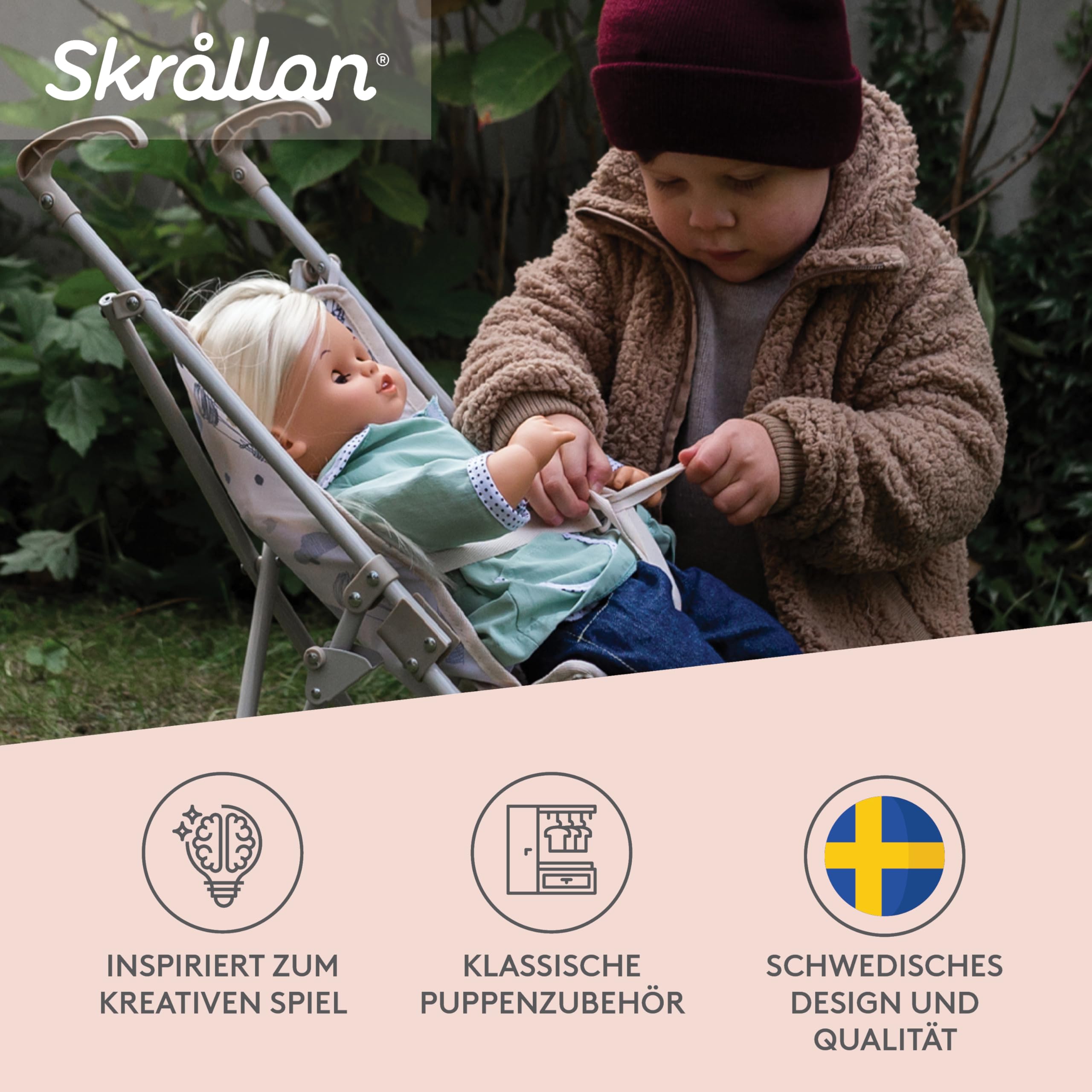 Skrållan Sulky Puppenbuggy ab 3 Jahre - 53cm großer Klappbuggy mit Sicherheitsgurt und waschbarem Bezug - Spielzeug Kinderwagen Puppenwagen Buggy - Buggy Puppe bis zu 45cm - Puppen Spielzeug