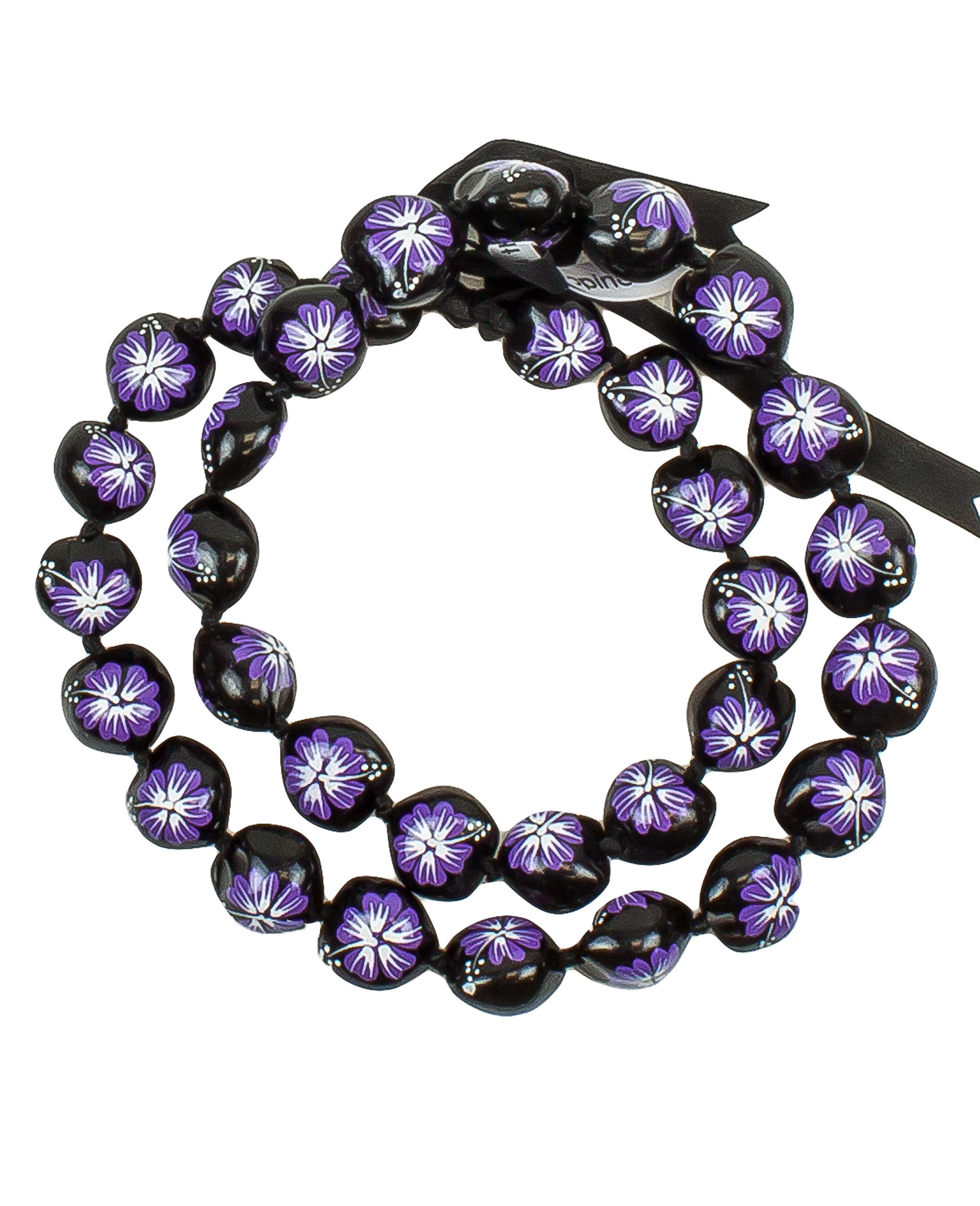 Hawaiian Kukui Nut Leis Beads Necklaces with Hand Painted Flower Adjustable 32 inches Lei for Men and Women (Purple Flower)