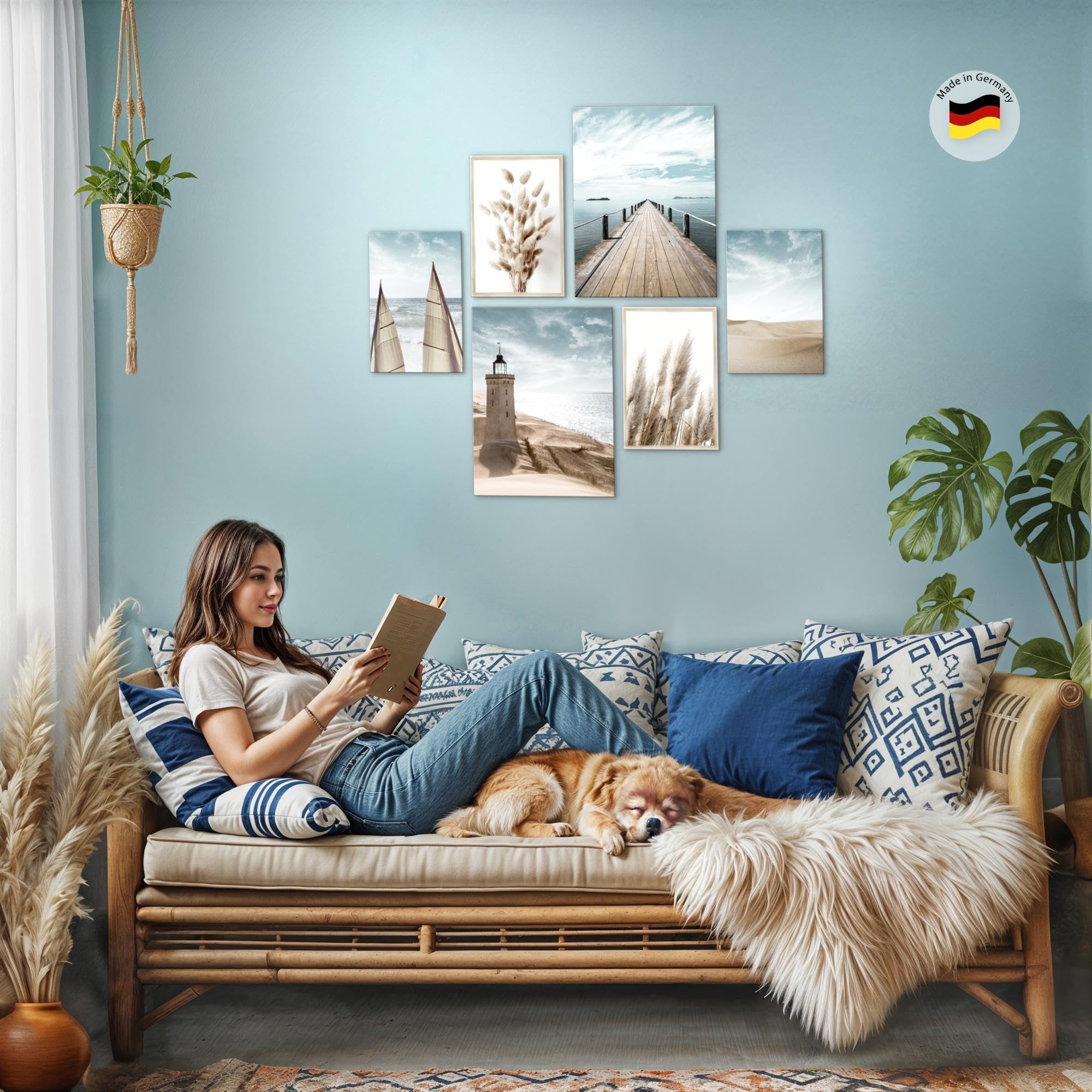 Novart Wandbilder Set Strand Meer Leuchtturm Blau Beige - KEIN EXTRA RAHMEN BENÖTIGT - Modern Deko - Wohnzimmer Schlafzimmer N007163a