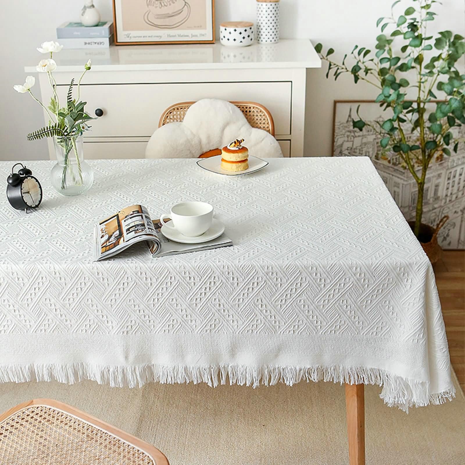 Tovaglia da Tavola 90 x 240cm, Tovaglia Rettangolare Lavabile Bianco Motivo Rombi con Nappe Tovaglia da Tavola