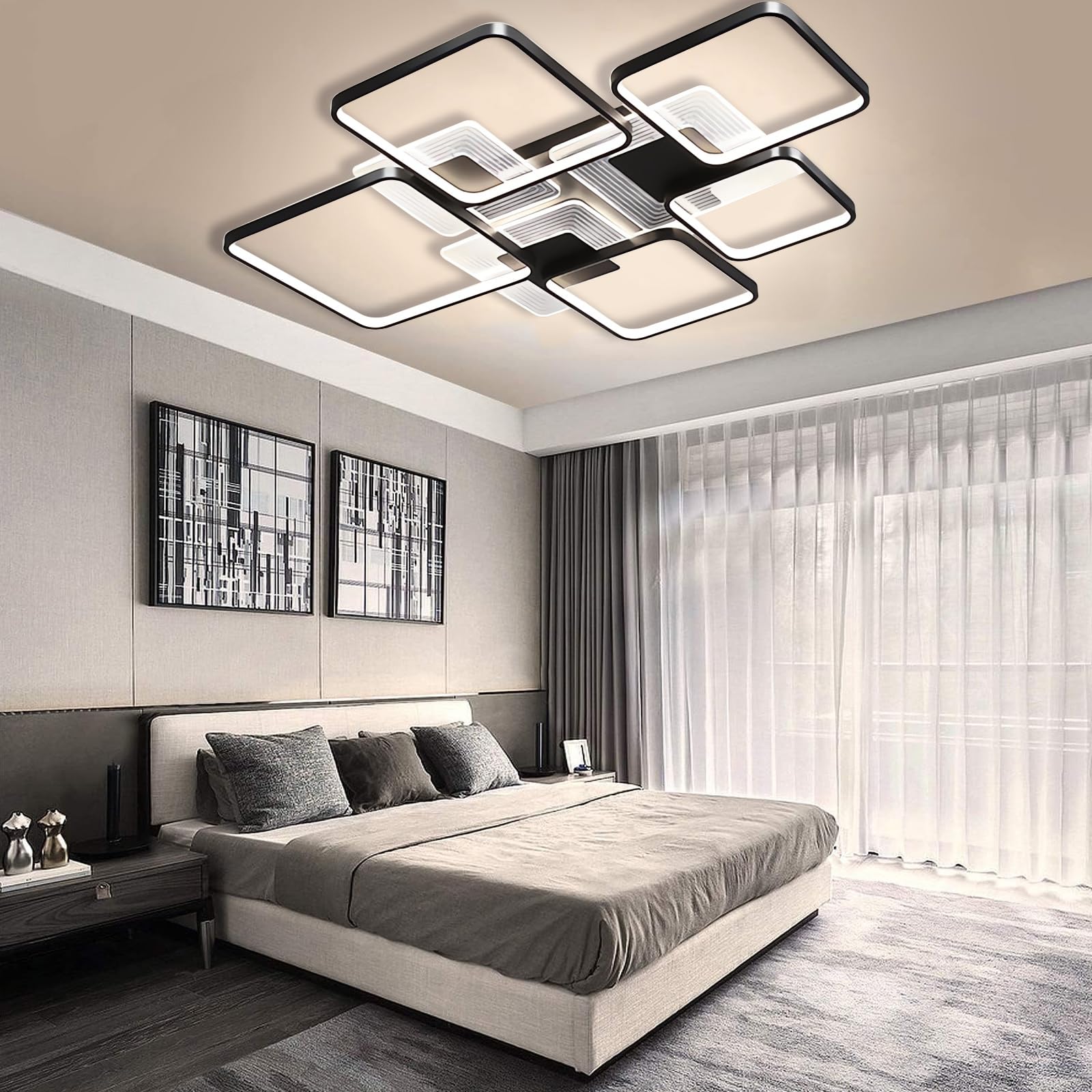 Nowoczesna lampa sufitowa LED Ściemnialna lampa sufitowa do jadalni Lampa do salonu z pilotem Podtynkowe oświetlenie sufitowe do salonu Sypialnia Kuchnia Biuro Przedpokój (Czarny, 91CM)