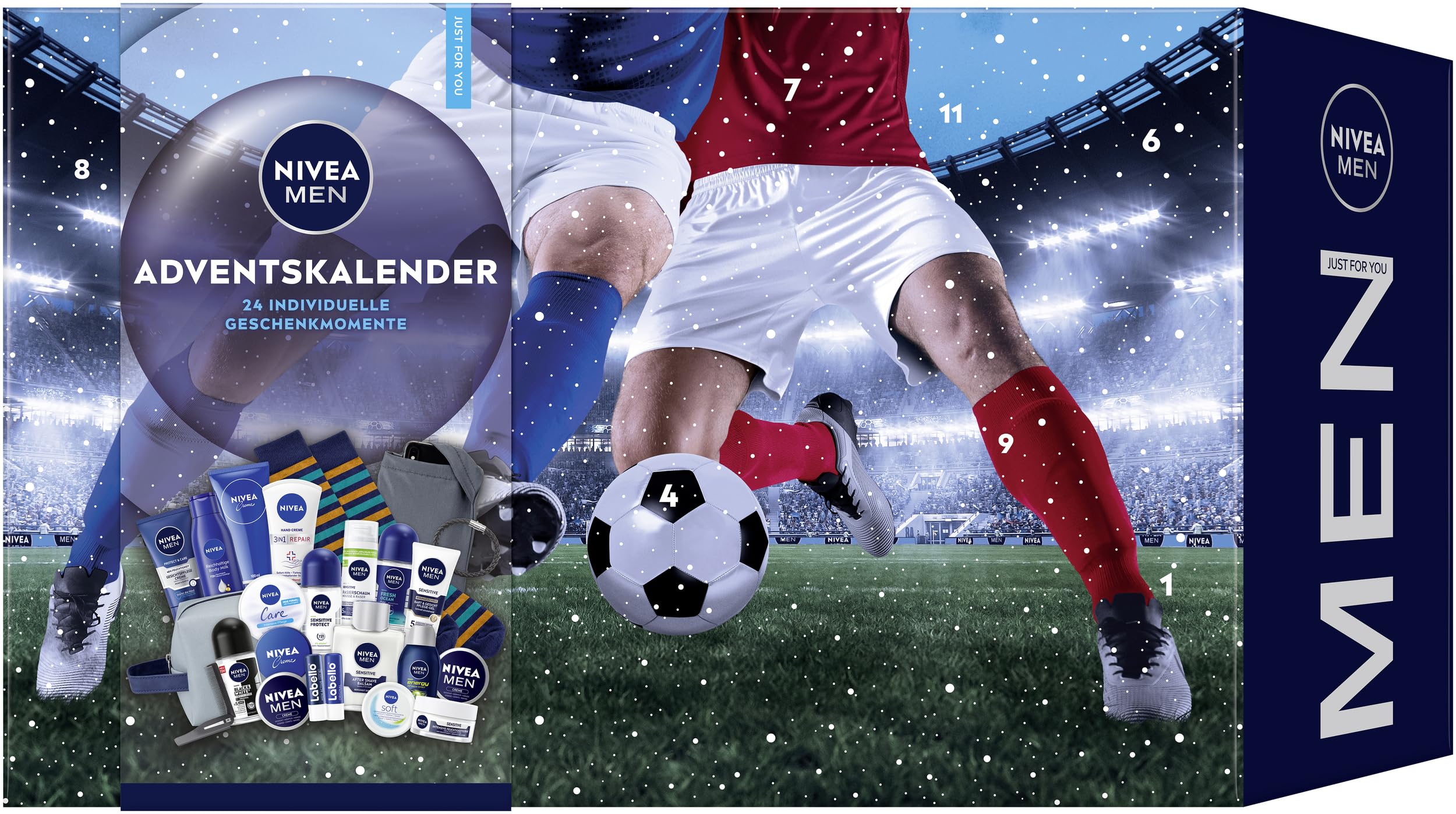 NIVEA MEN Calendario de Adviento 2025-24 puertas con sorpresas mimosas, calendario de Navidad con artículos de cuidado para la época de Adviento, Nivea Men y productos Labello