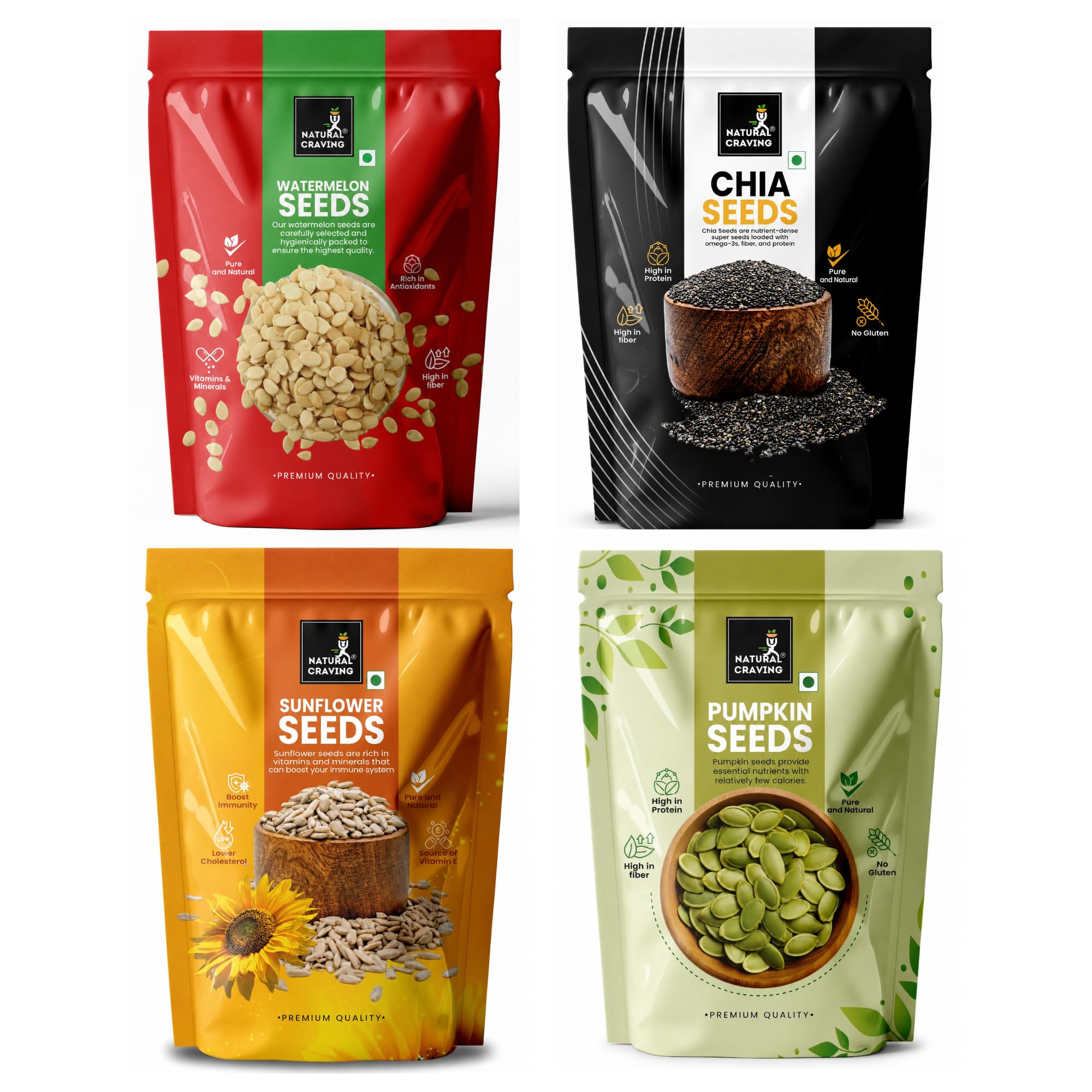 Natural Craving Super Seeds Combo Pack 400g | Sunflower, Pumpkin, Chia & Watermelon Seeds(Small Size) | Nutrient Rich | Perfect for Snacking, Smoothies & Salads(100g Each)