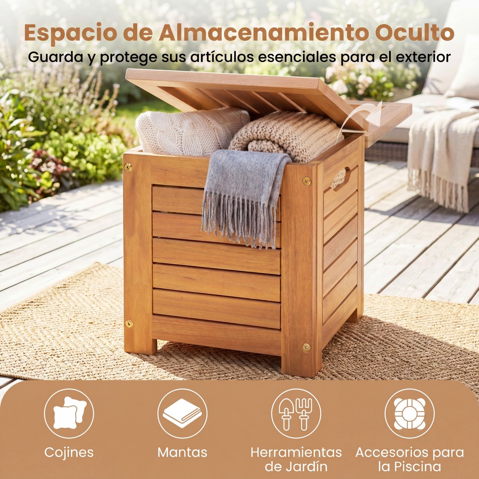 COSTWAY Banco Jardín de Madera Acacia con 3 Cajas de Almacenamiento, Banco Exterior sin Respaldo con Listones, Cajas de Tapa, Terraza Porche Balcón Piscina, 115 x 45 x 46 cm