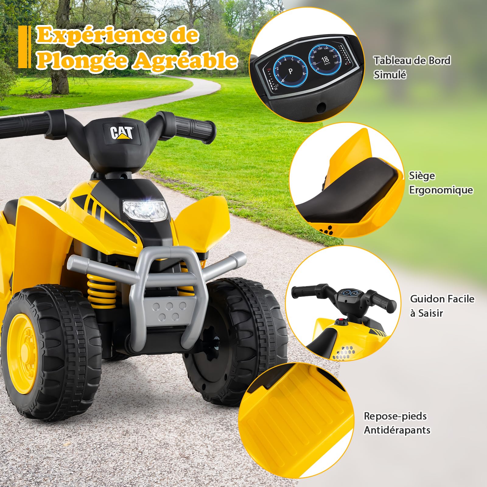 DREAMADE Quad Électrique Caterpillar 6V Enfants,Voiture Électrique Enfants 18-36 Mois avec Pédale,4 Roues Antidérapantes,Phare LED,Klaxon,2,8 km/h,ATV pour Garçons Filles Charge 25KG (Jaune)