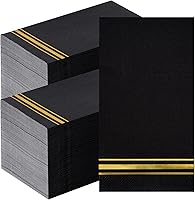 Vista 10 de 200 servilletas de papel forradas con borde dorado, elegantes servilletas de cena de 3 capas de papel blanco y dorado, toallas de mano desechables
