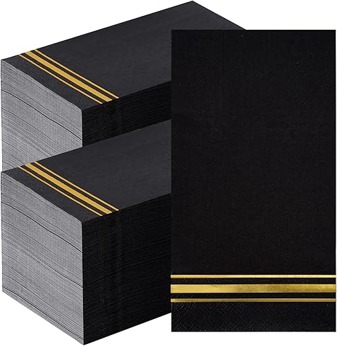 Miniatura 10 de 200 servilletas de papel forradas con borde dorado, elegantes servilletas de cena de 3 capas de papel blanco y dorado, toallas de mano desechables