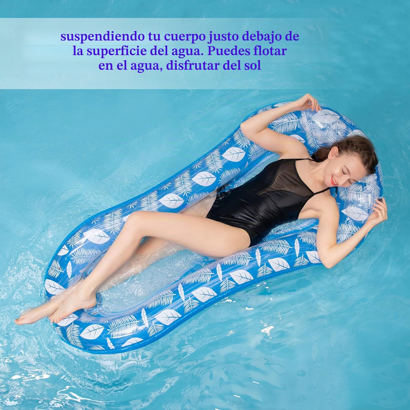 Hamaca Flotante Piscina Colchoneta de Agua para Adultos Inflable Tumbona Hinchable Flotador con Eposacabezas y Red | Inflable, Con red y reposacabezas, Silla de salón flotante, Cama de agua, Juguete de la piscina