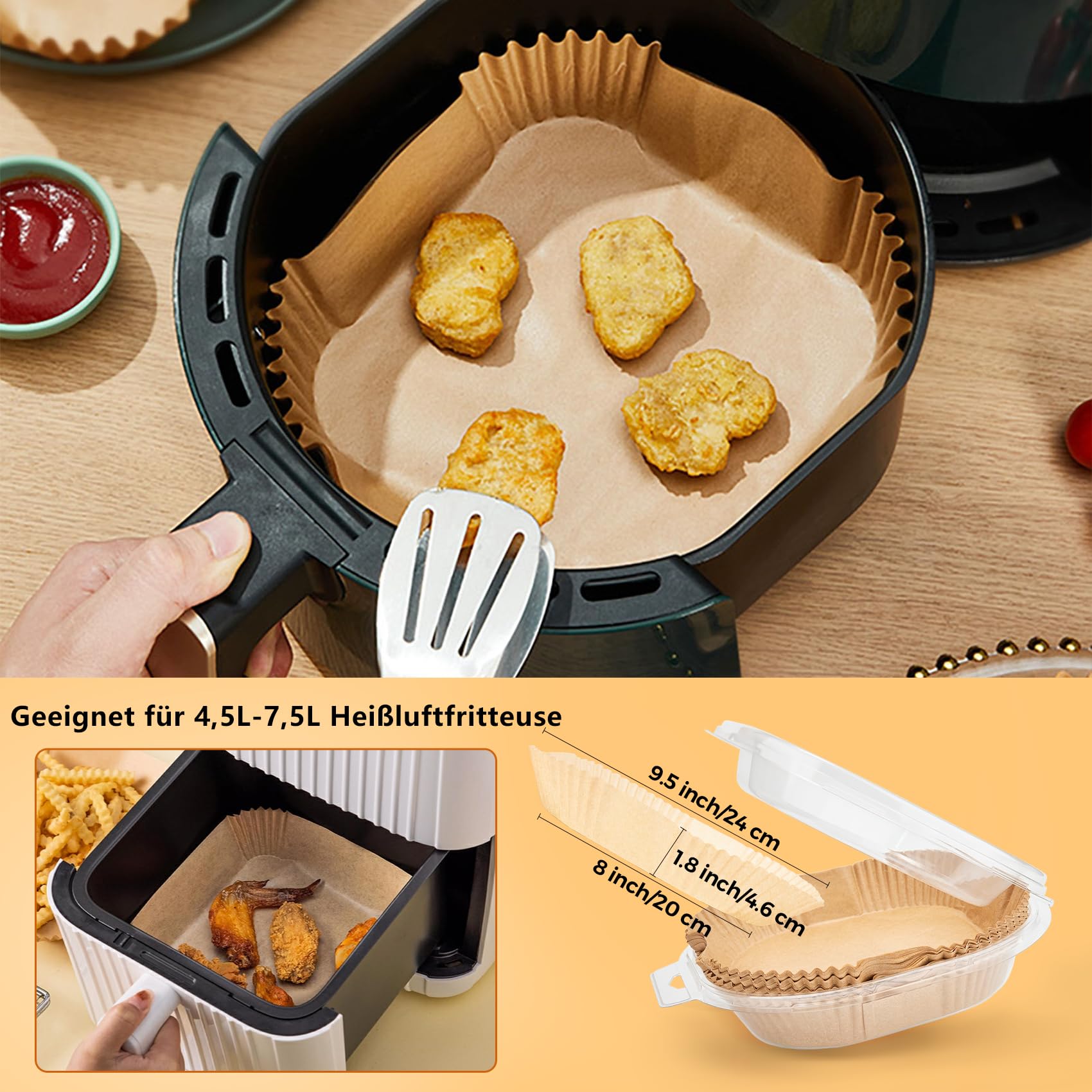 Ctizne Backpapier für Heißluftfritteuse, Quadratisch, Zubehör für Ninja/Philips/Cosori/Tefal Luftfritteuse (100, Quadrat 20-24 cm)