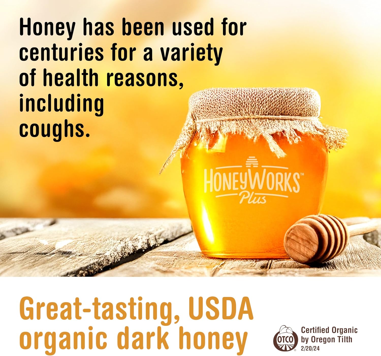 HoneyWorks Plus Cough Syrup with Organic Honey and DM, 8 Oz, Daytime Cough Suppressant for Adults & Kids 12+ Years, Helps Soothe Throat Irritation