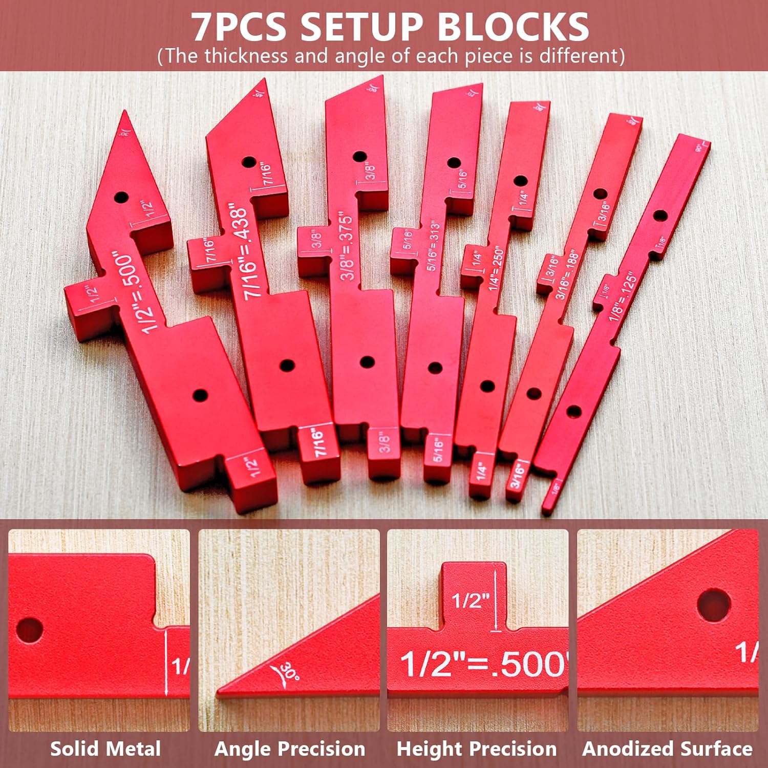 Router Table Set Up Bars, 7pcs Aluminum Precision Setup Blocks Height Gauge Set for Woodworking Router Table Saw Accessories Different Angle Depth and Thickness Router Gauge with Storage Case (Red)