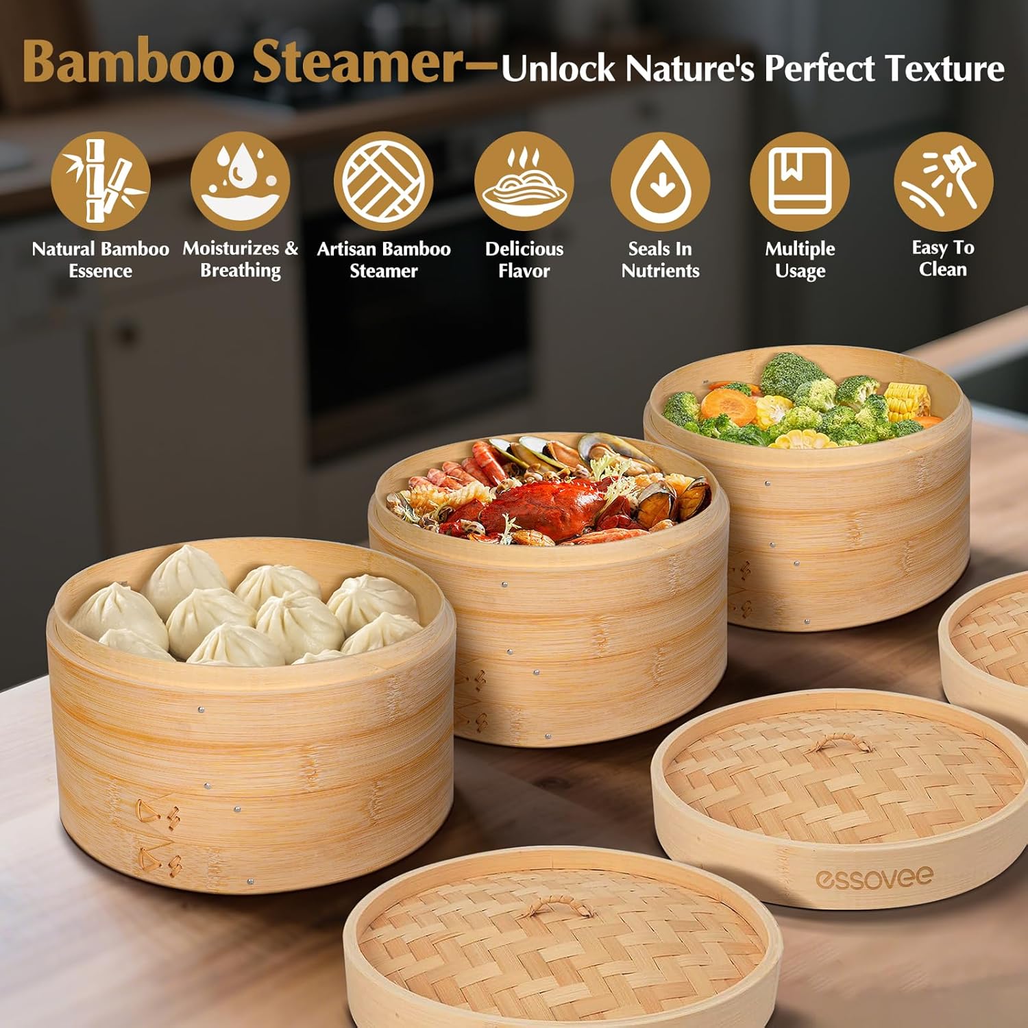Bamboo Steamer 2 Tier 10-Inch Steaming Basket, Bun Vegetable Steam, Dumpling Steamer Bamboo Steam Basket, Chopsticks, Reusable Silicone Liner, Ring Adapter, for Chinese Asian Cuisine - Image 6