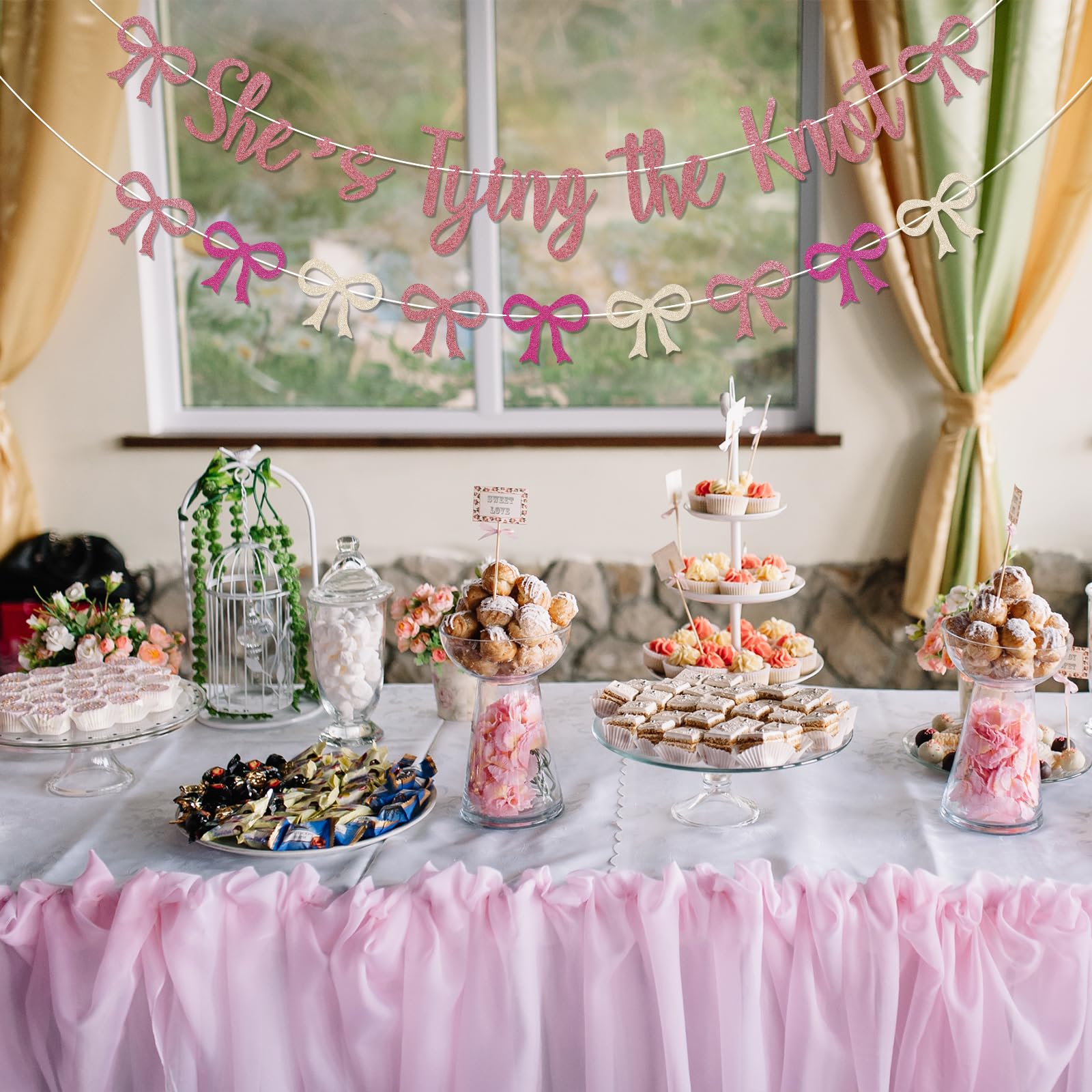 Wimpelkette mit pinker Schleife und Aufschrift "She's Tying The Knot", für Brautparty, Verlobung, Hochzeit, Party, Dekoration, rosa Glitzer
