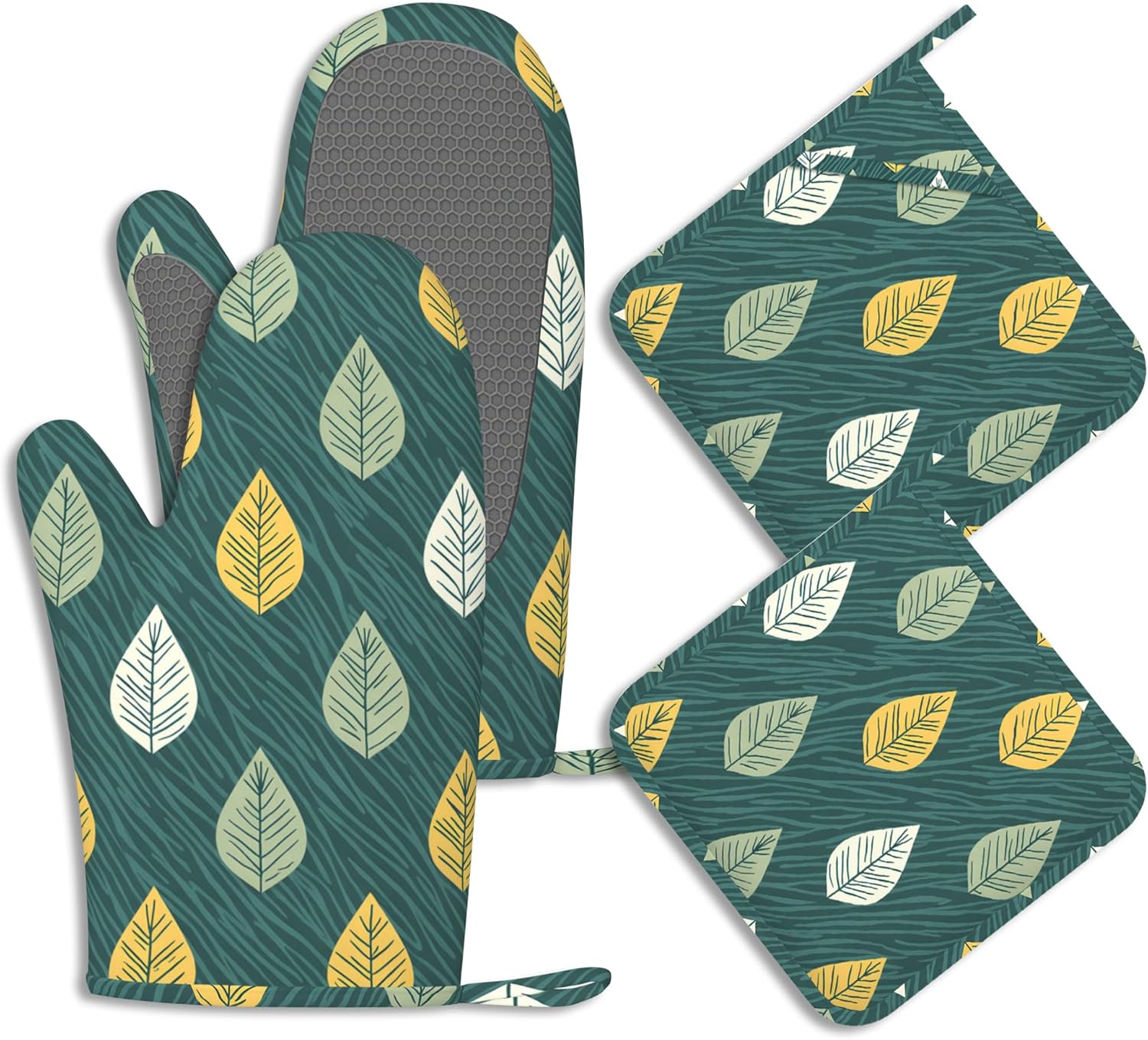 Oven Mitts and Pot Holders Sets Abstract Green Leaves Silicone Kitchen Mits Potholders Tropical Leaf Heat Resistant 4Pcs Oven Gloves Hot Pads for Baking Cooking BBQ Grilling Home Decor