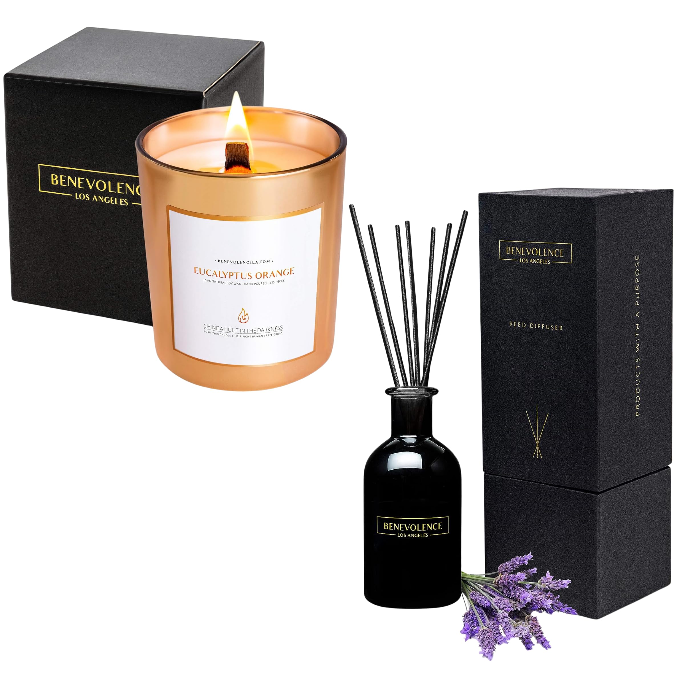 Benevolence LA Eucalyptus Orange Candle and Lavender & Eucalyptus Reed Diffuser Set | 8 oz Scented Candles for Home Scented | Fragrance Diffuser | Spring Scented Candles and Reed Diffusers for Women