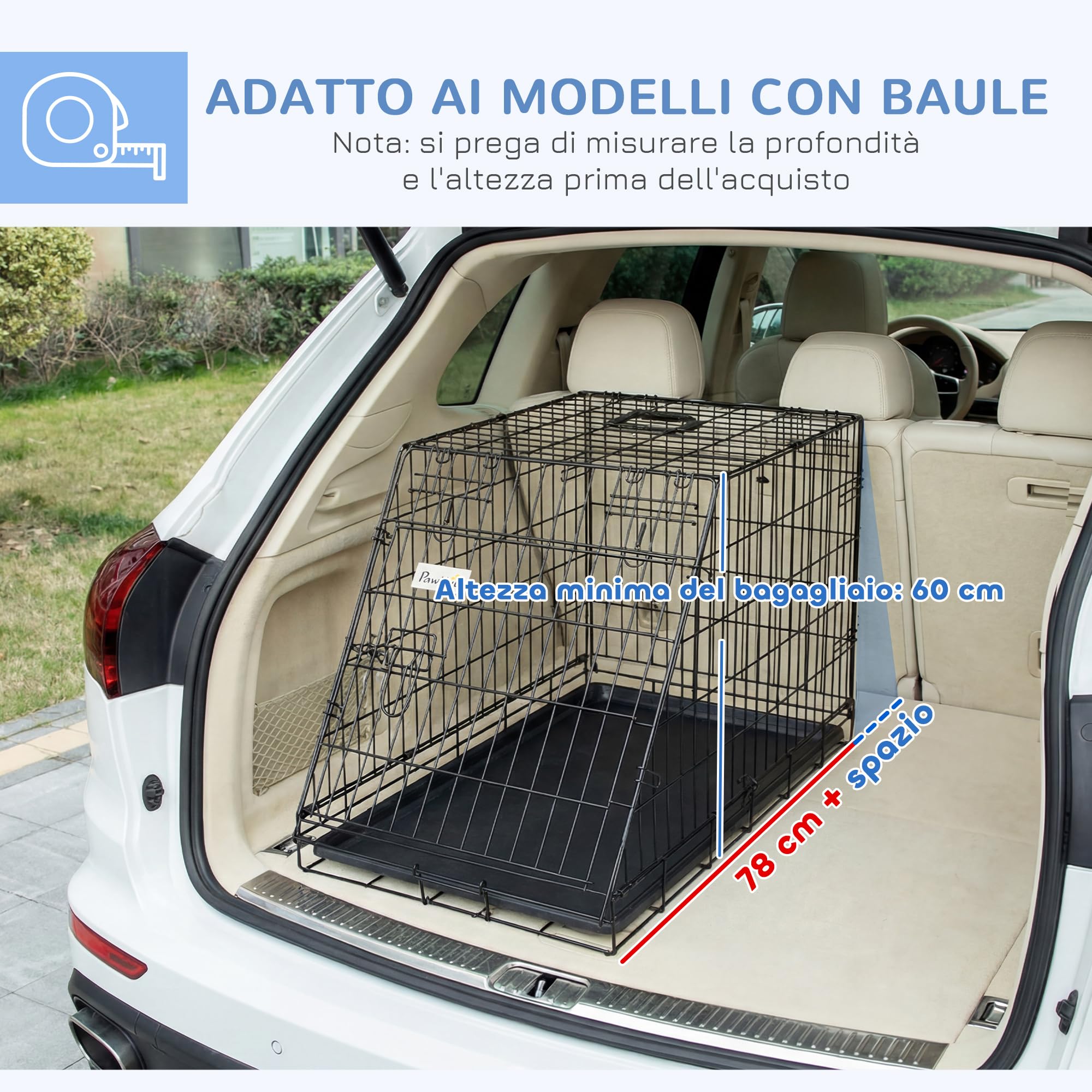 PawHut Trasportino per Cani in Metallo e PP, Gabbia per Cani a Trapezio per Auto con Maniglia, 77x47x55cm Nero